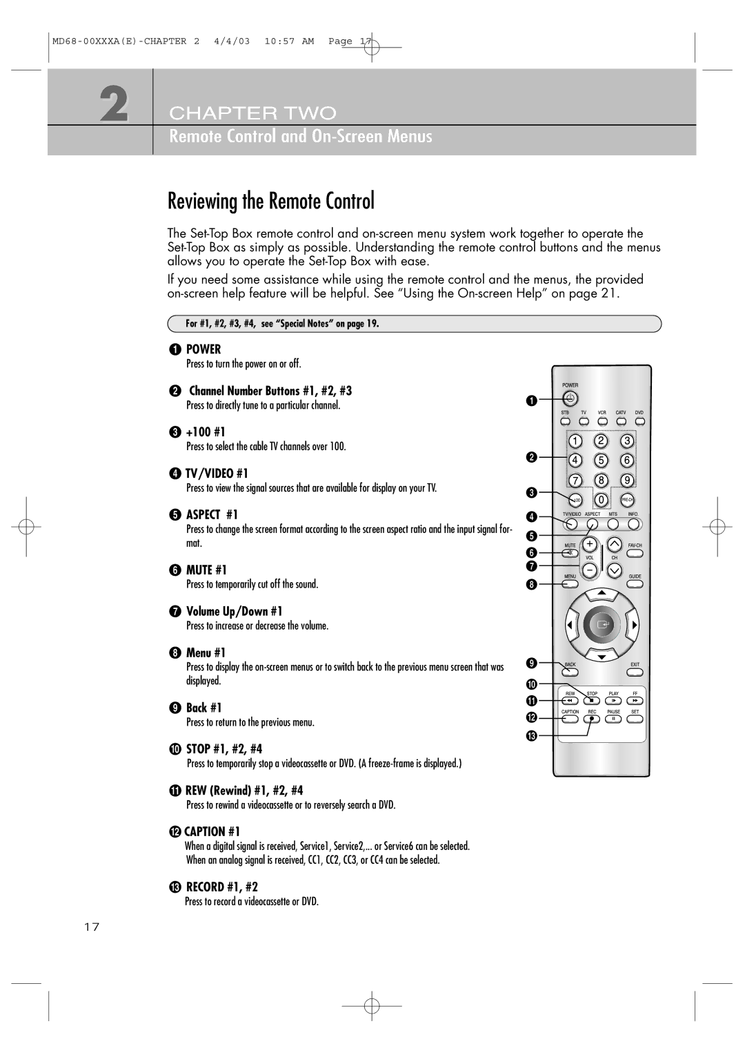 Samsung SIR-T351 manual Reviewing the Remote Control 