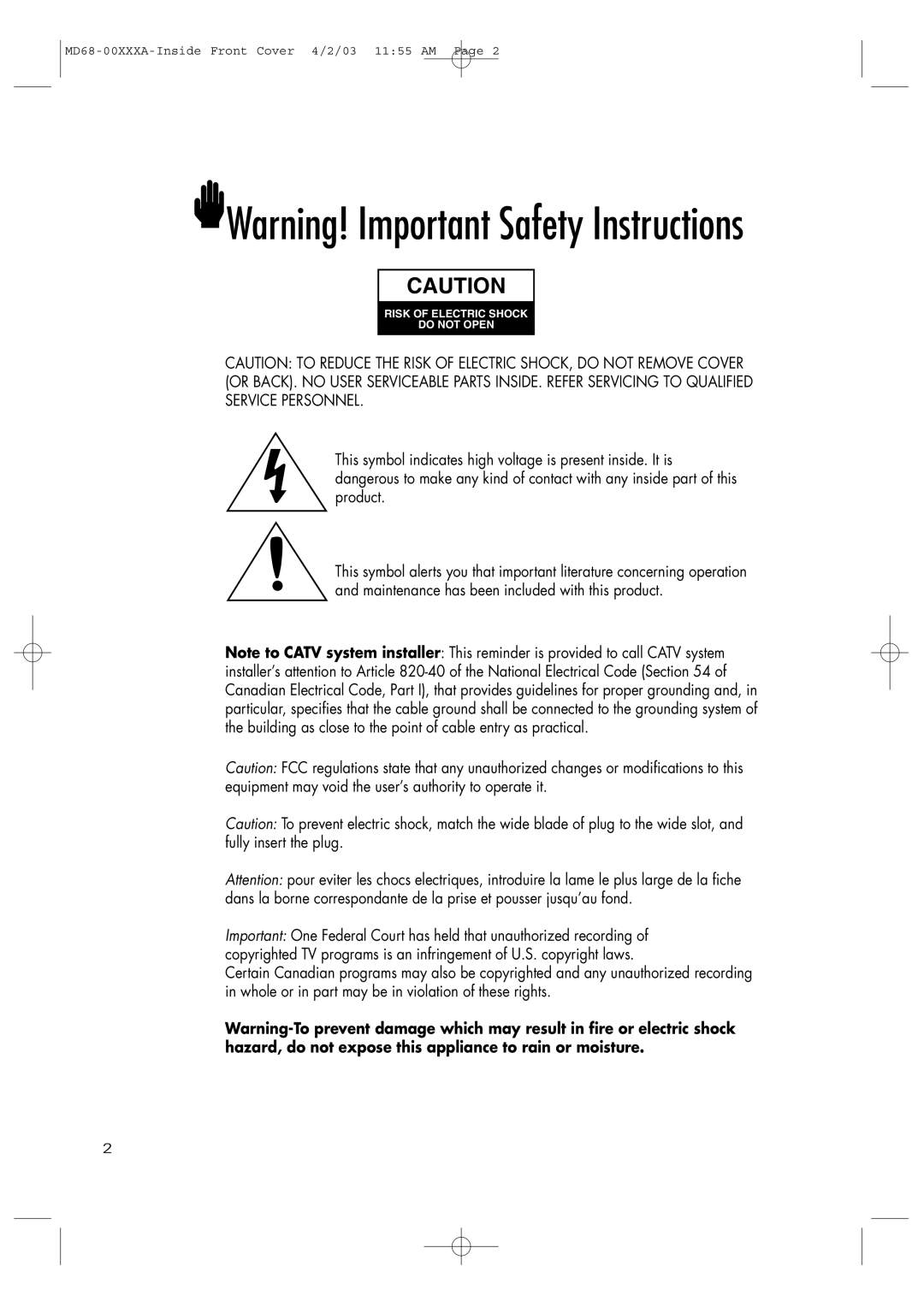 Samsung SIR-T351 manual MD68-00XXXA-Inside Front Cover 4/2/03 1155 AM 