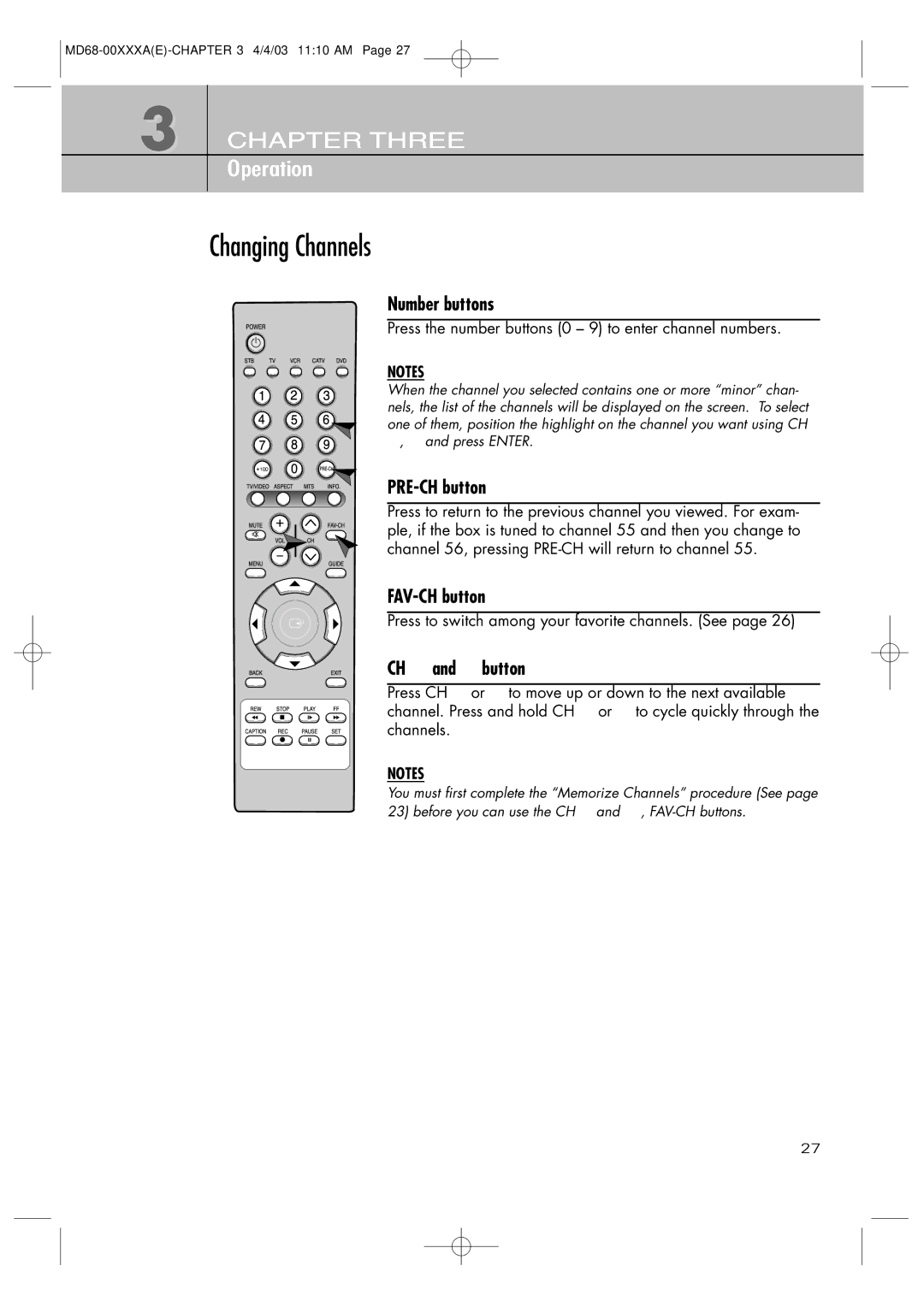 Samsung SIR-T351 manual Changing Channels, Number buttons, PRE-CH button, FAV-CH button, CH and button 