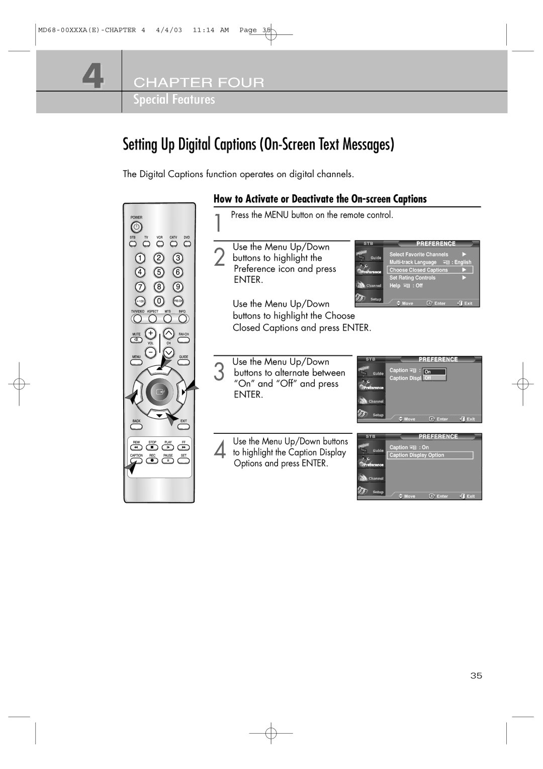 Samsung SIR-T351 Setting Up Digital Captions On-Screen Text Messages, How to Activate or Deactivate the On-screen Captions 