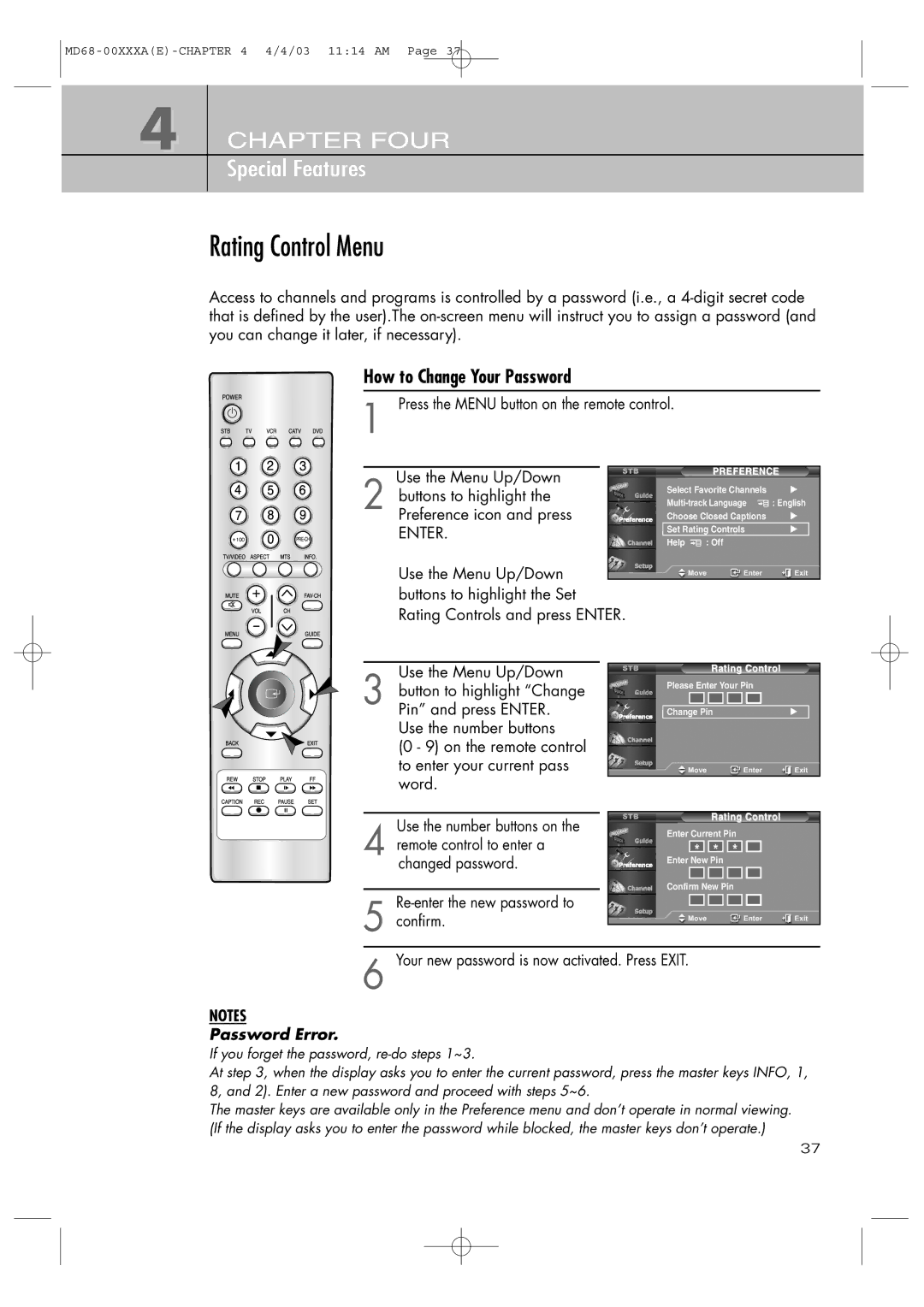 Samsung SIR-T351 manual Rating Control Menu, How to Change Your Password, Your new password is now activated. Press Exit 