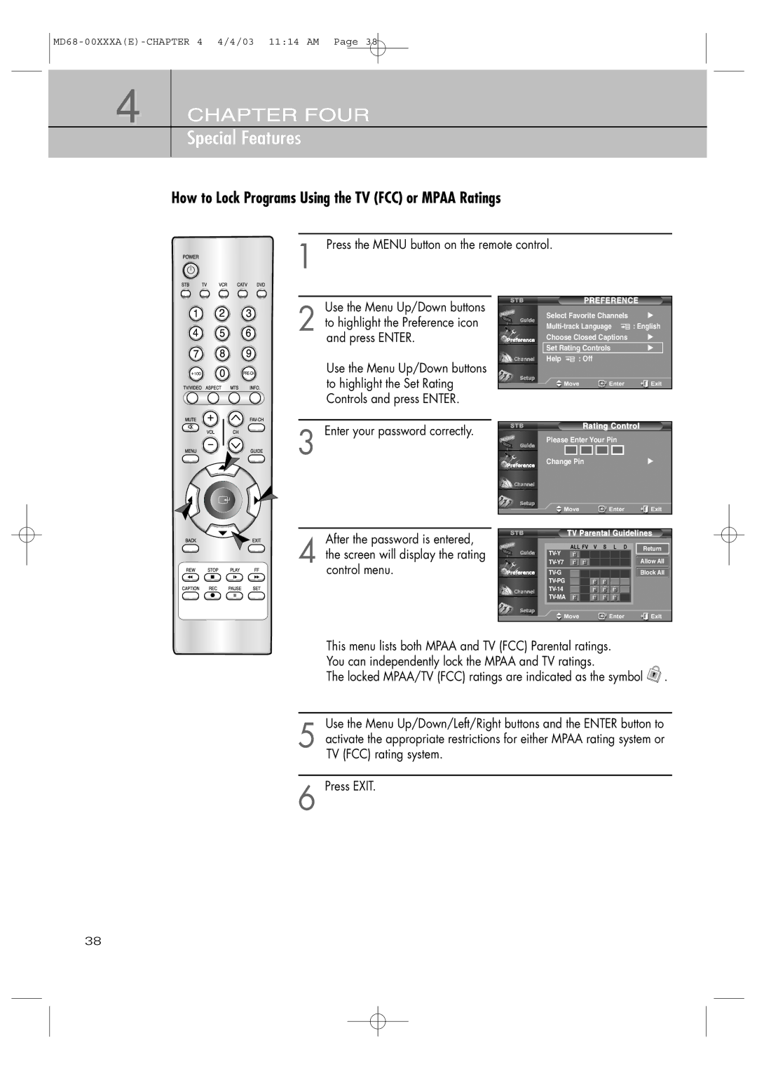 Samsung SIR-T351 manual How to Lock Programs Using the TV FCC or Mpaa Ratings 