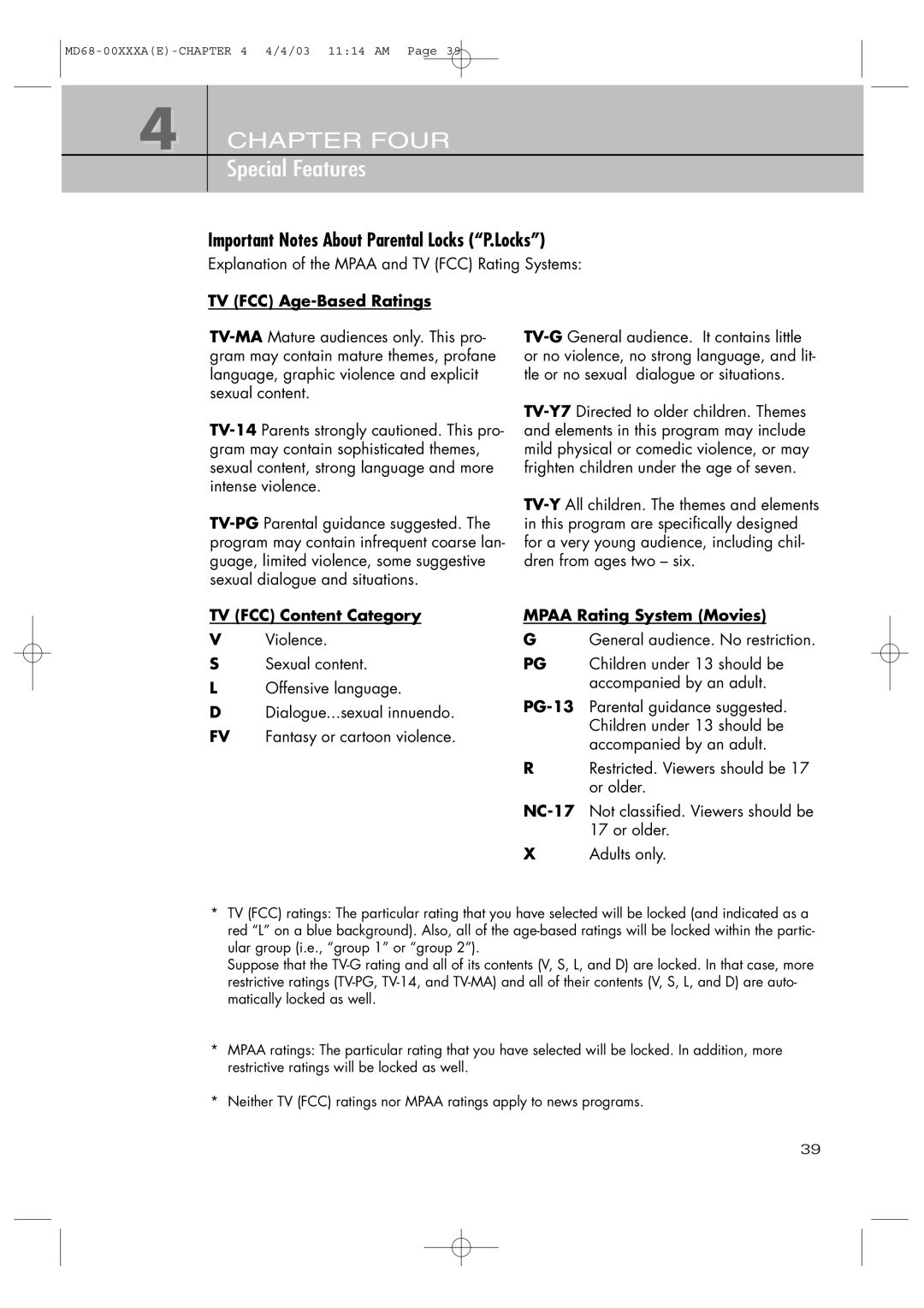 Samsung SIR-T351 manual Important Notes About Parental Locks P.Locks, Explanation of the Mpaa and TV FCC Rating Systems 