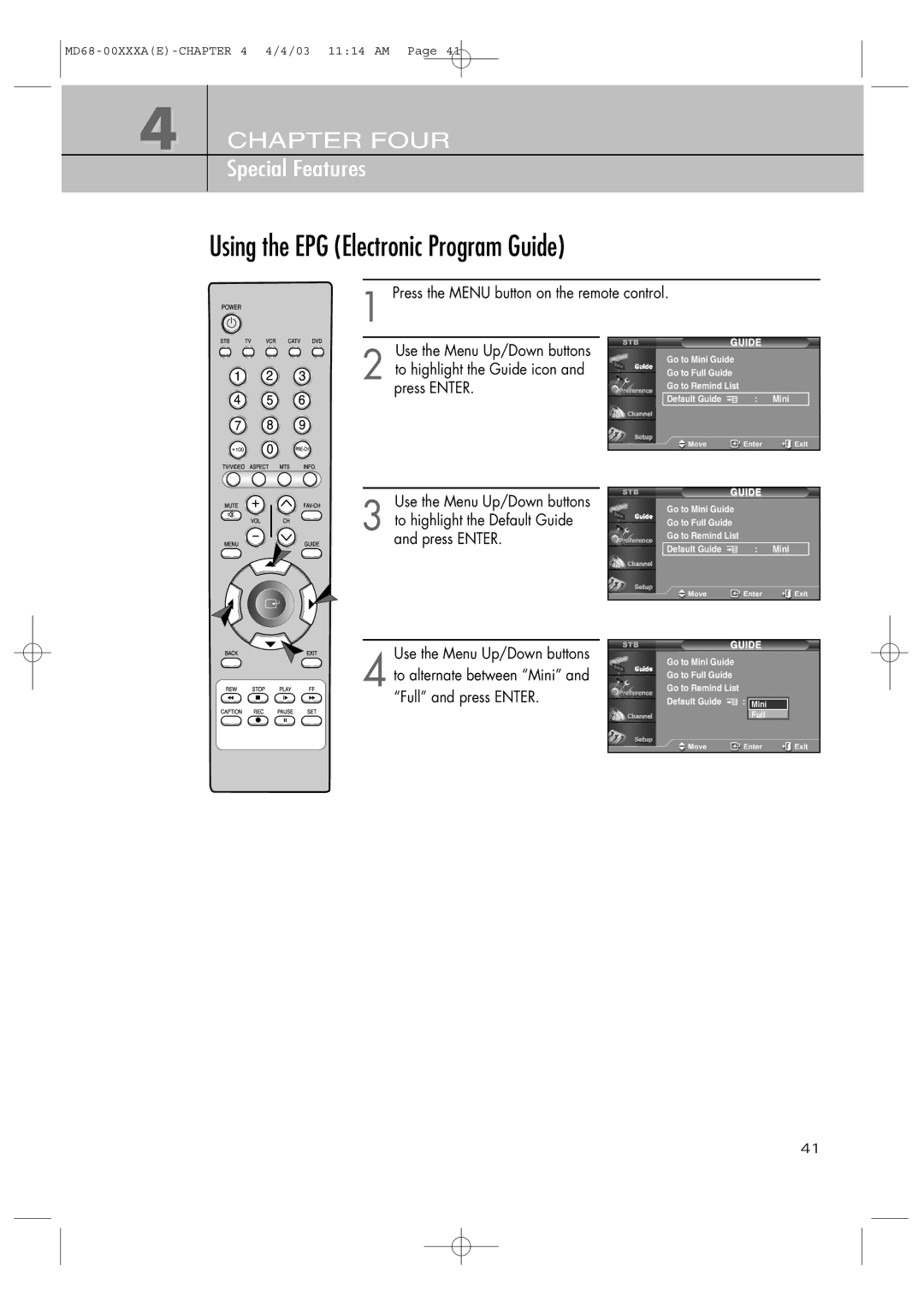 Samsung SIR-T351 manual Using the EPG Electronic Program Guide, Press the Menu button on the remote control 