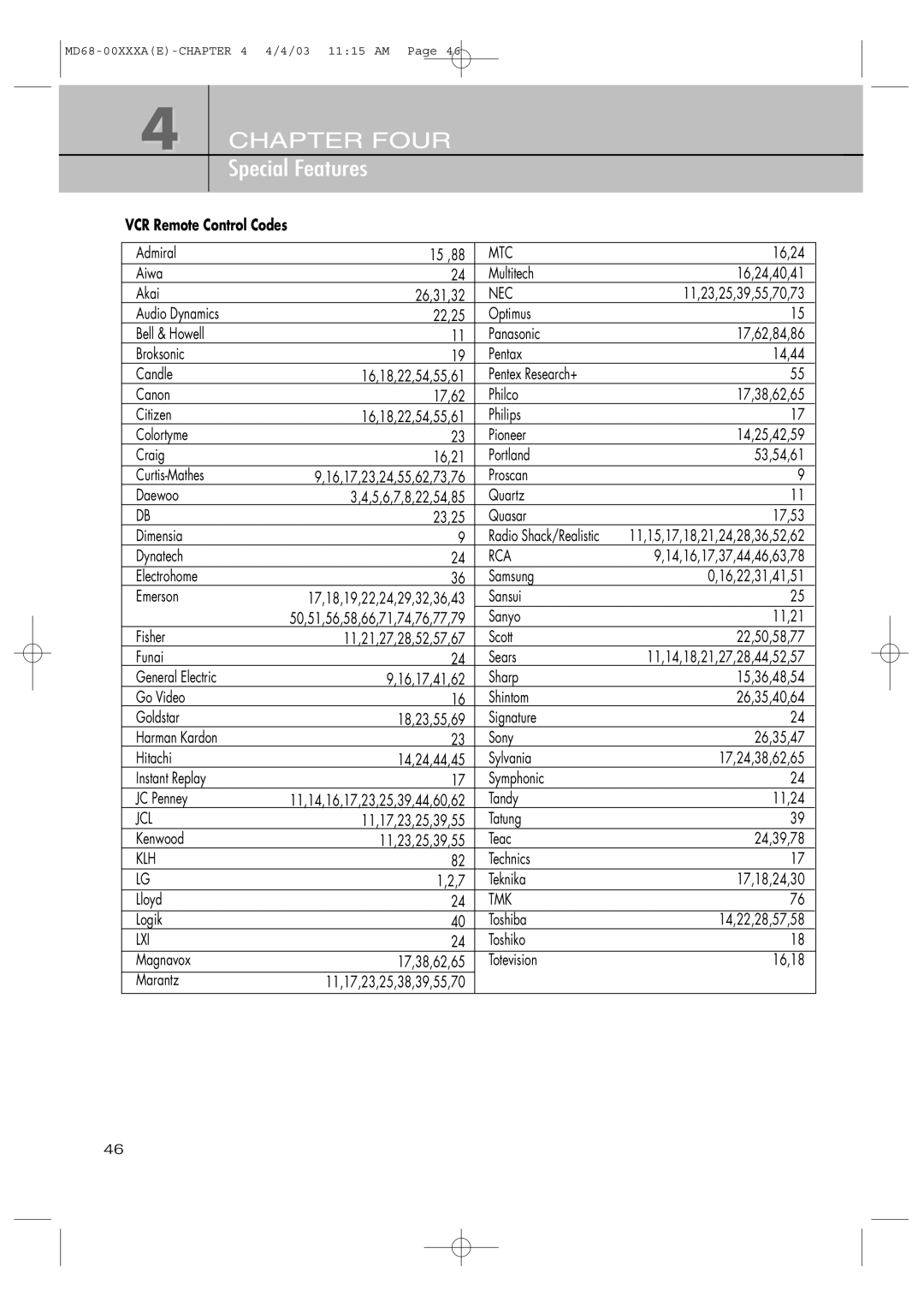 Samsung SIR-T351 manual VCR Remote Control Codes 