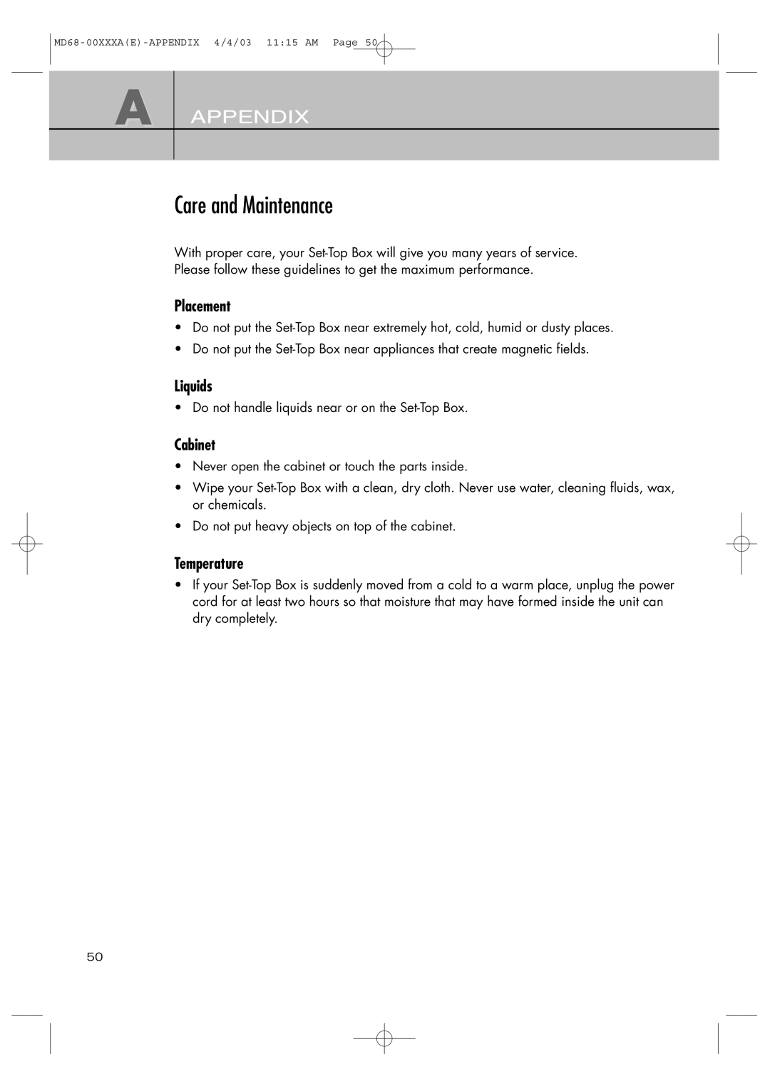 Samsung SIR-T351 manual Care and Maintenance, Placement, Liquids, Cabinet, Temperature 