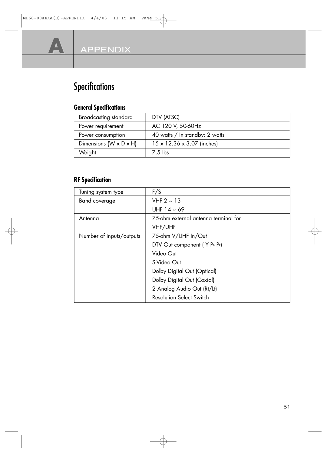 Samsung SIR-T351 manual General Specifications, RF Specification, Broadcasting standard 