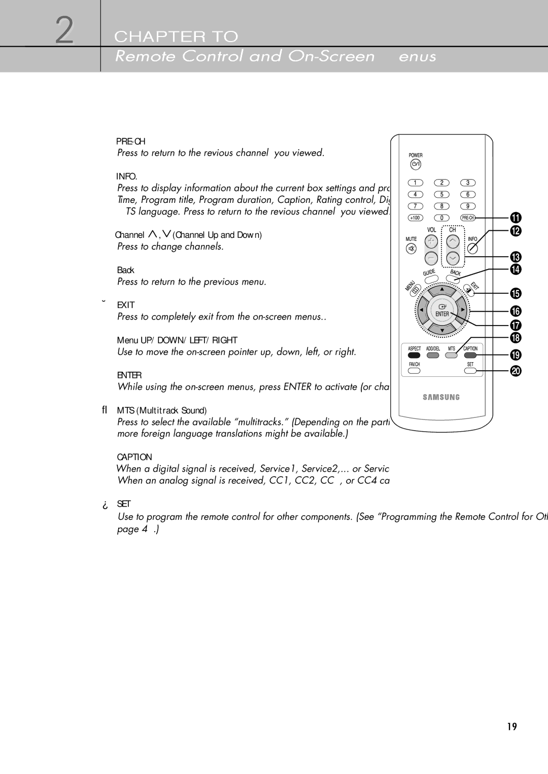 Samsung SIR-T451 manual Channel , Channel Up and Down, Back, Menu UP/DOWN/LEFT/RIGHT, ¯ MTS Multitrack Sound 