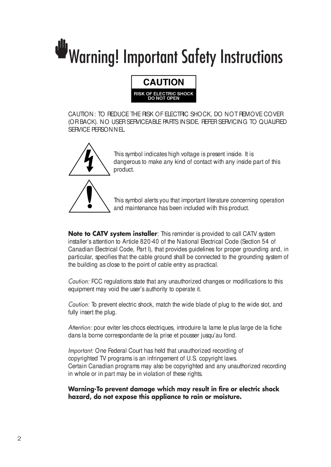 Samsung SIR-T451 manual Risk of Electric Shock Do not Open 