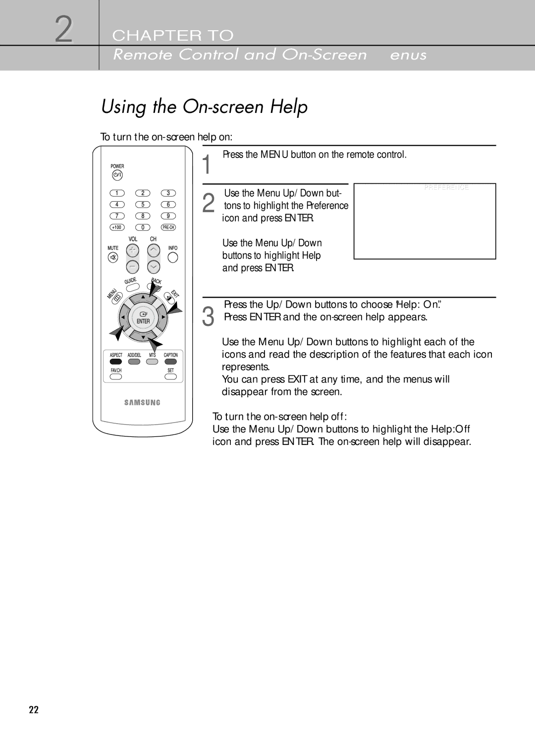 Samsung SIR-T451 manual Using the On-screen Help, To turn the on-screen help on, To turn the on-screen help off 