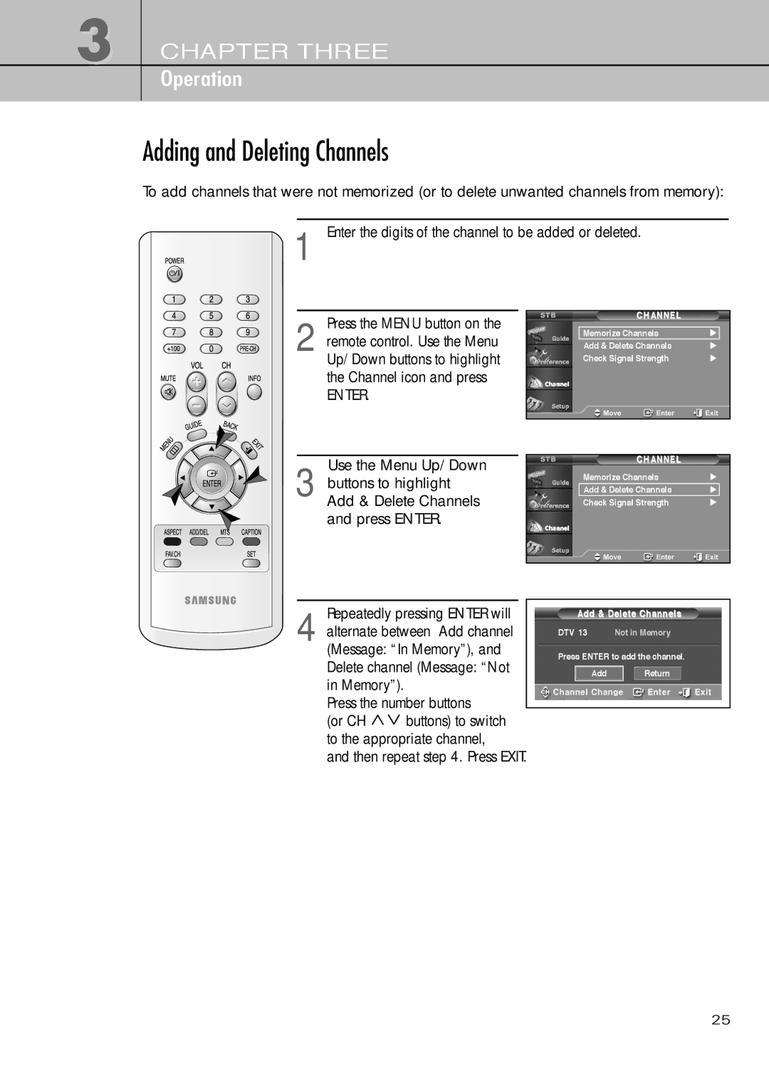 Samsung SIR-T451 manual Adding and Deleting Channels, Enter 