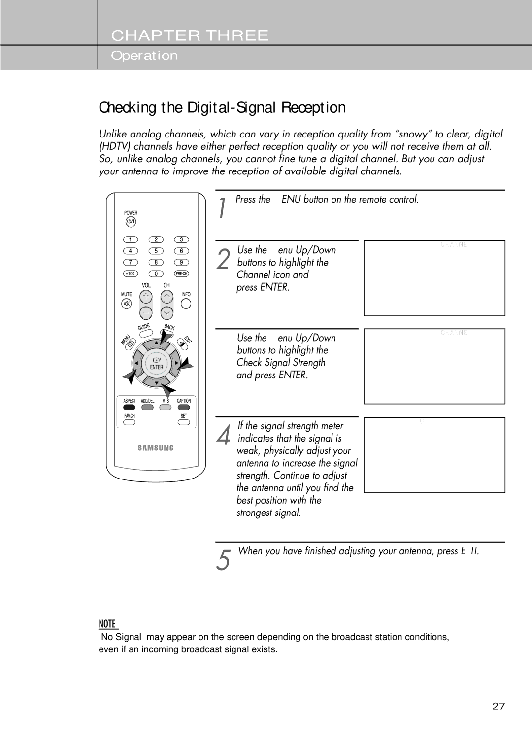 Samsung SIR-T451 manual Checking the Digital-Signal Reception, If the signal strength meter 