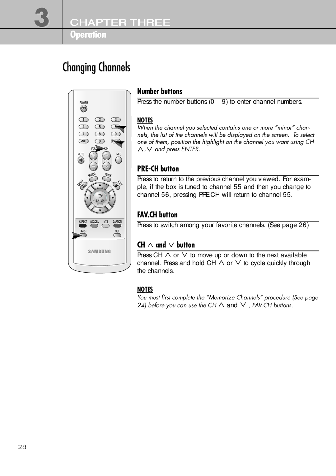 Samsung SIR-T451 manual Changing Channels, Number buttons, PRE-CH button, FAV.CH button, CH and button 