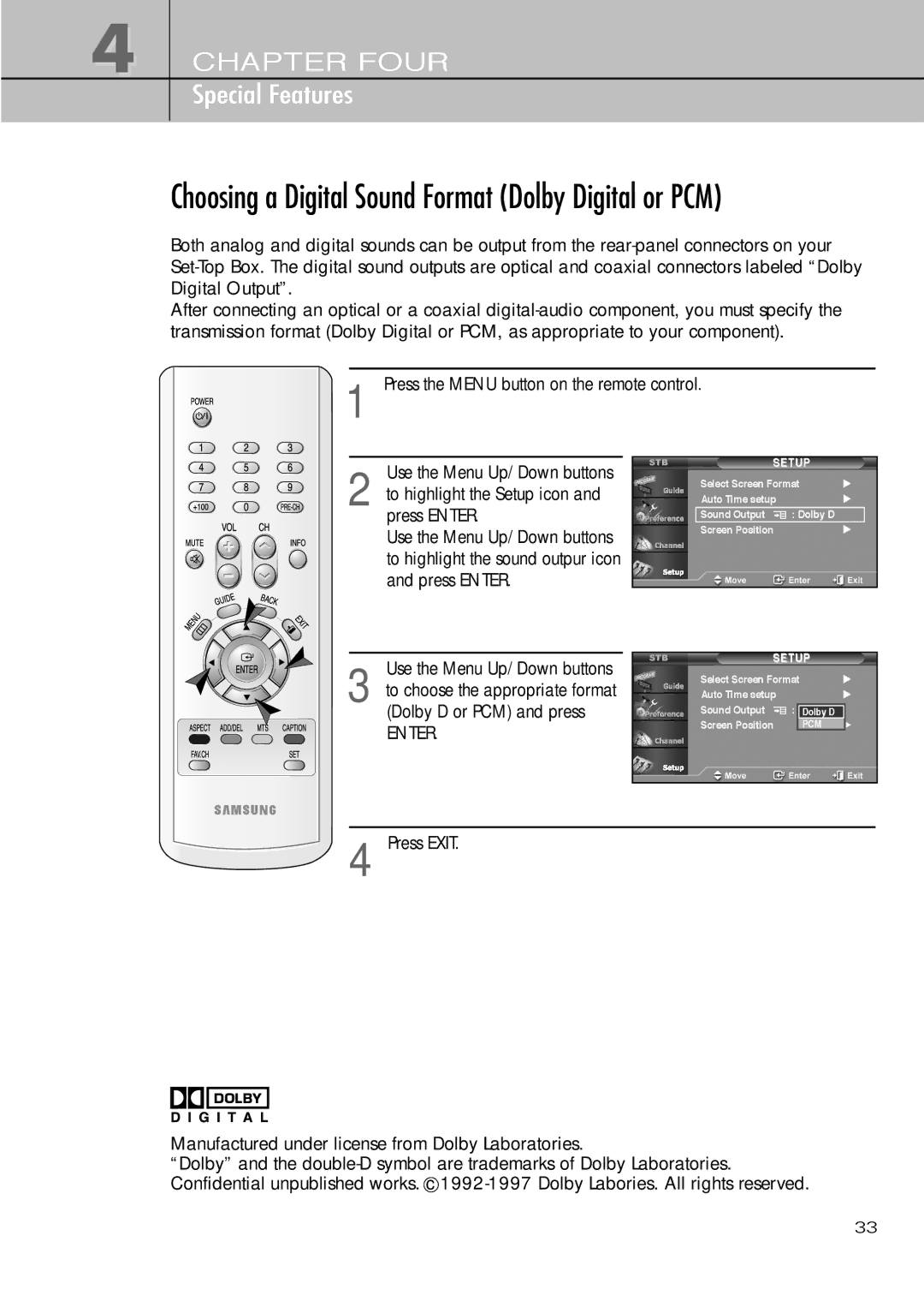 Samsung SIR-T451 manual Choosing a Digital Sound Format Dolby Digital or PCM 