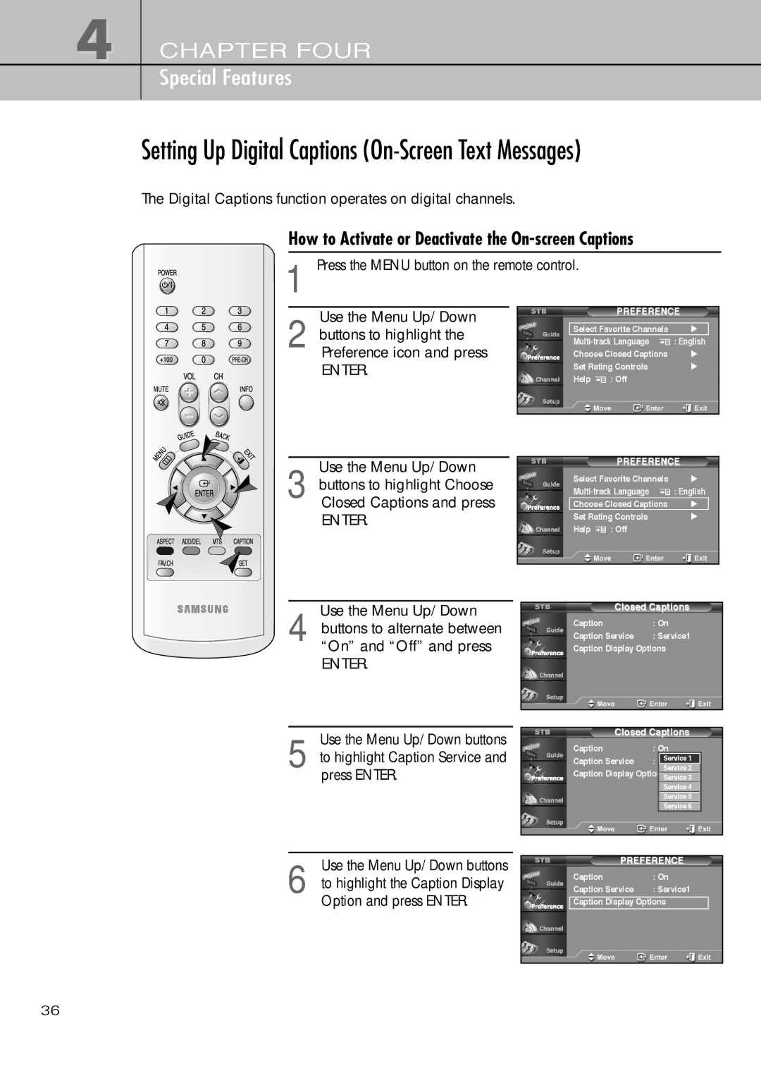 Samsung SIR-T451 Setting Up Digital Captions On-Screen Text Messages, How to Activate or Deactivate the On-screen Captions 