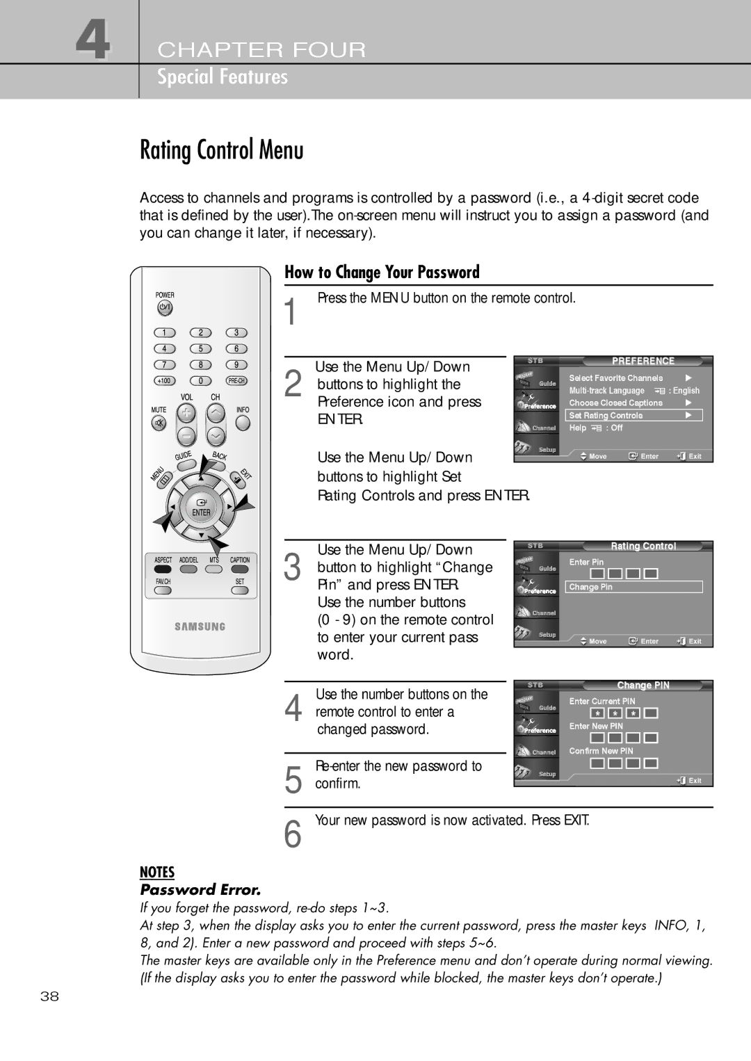 Samsung SIR-T451 manual Rating Control Menu, How to Change Your Password 