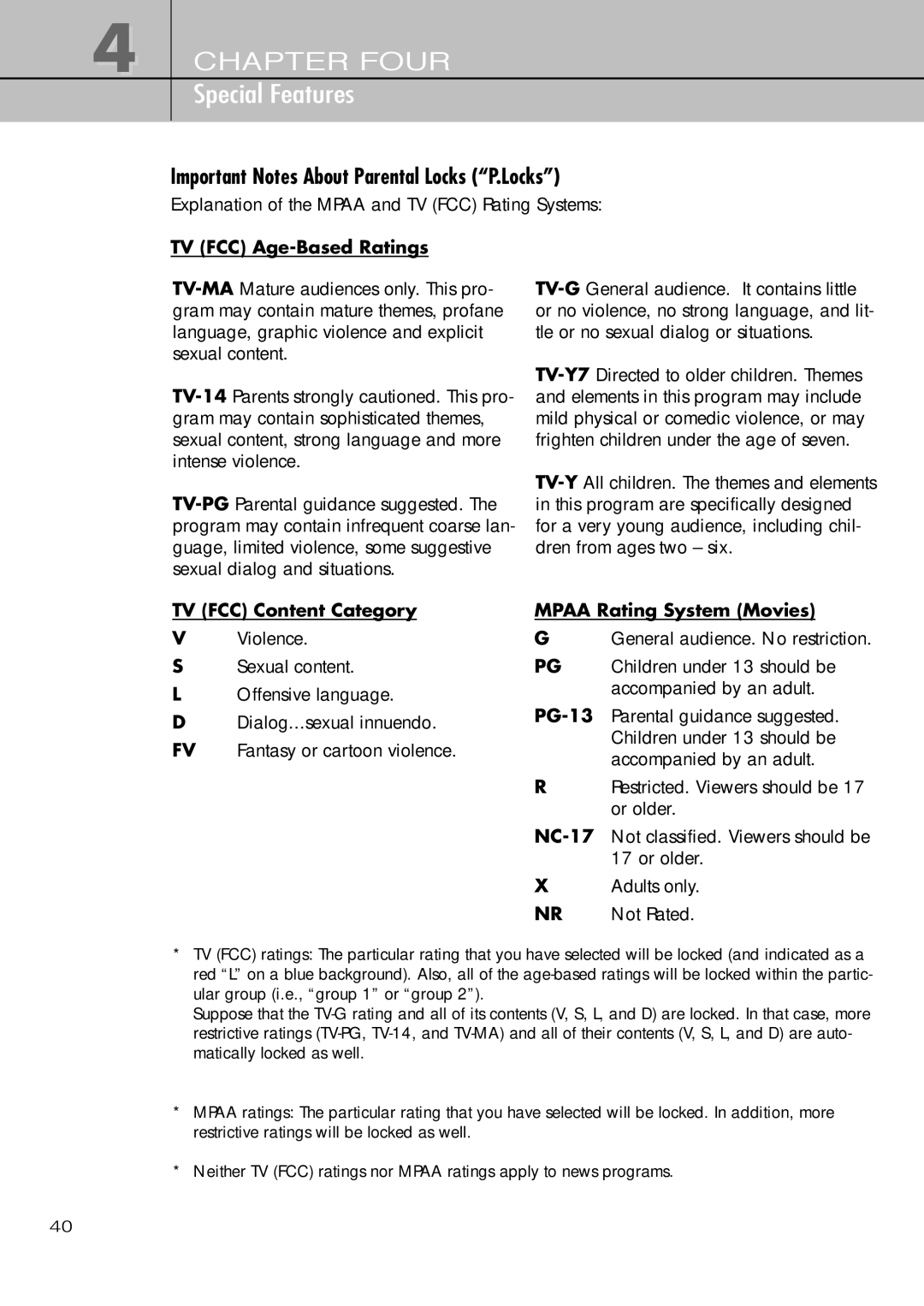 Samsung SIR-T451 manual Important Notes About Parental Locks P.Locks, TV FCC Age-Based Ratings, TV FCC Content Category 