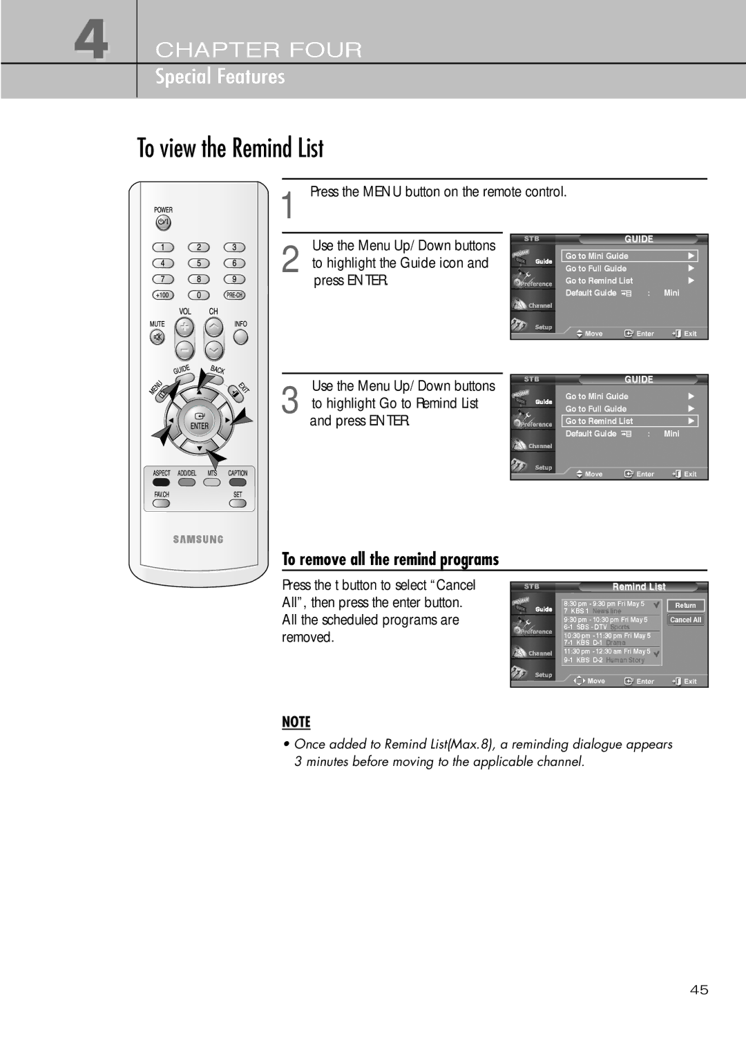 Samsung SIR-T451 manual To view the Remind List, To remove all the remind programs 