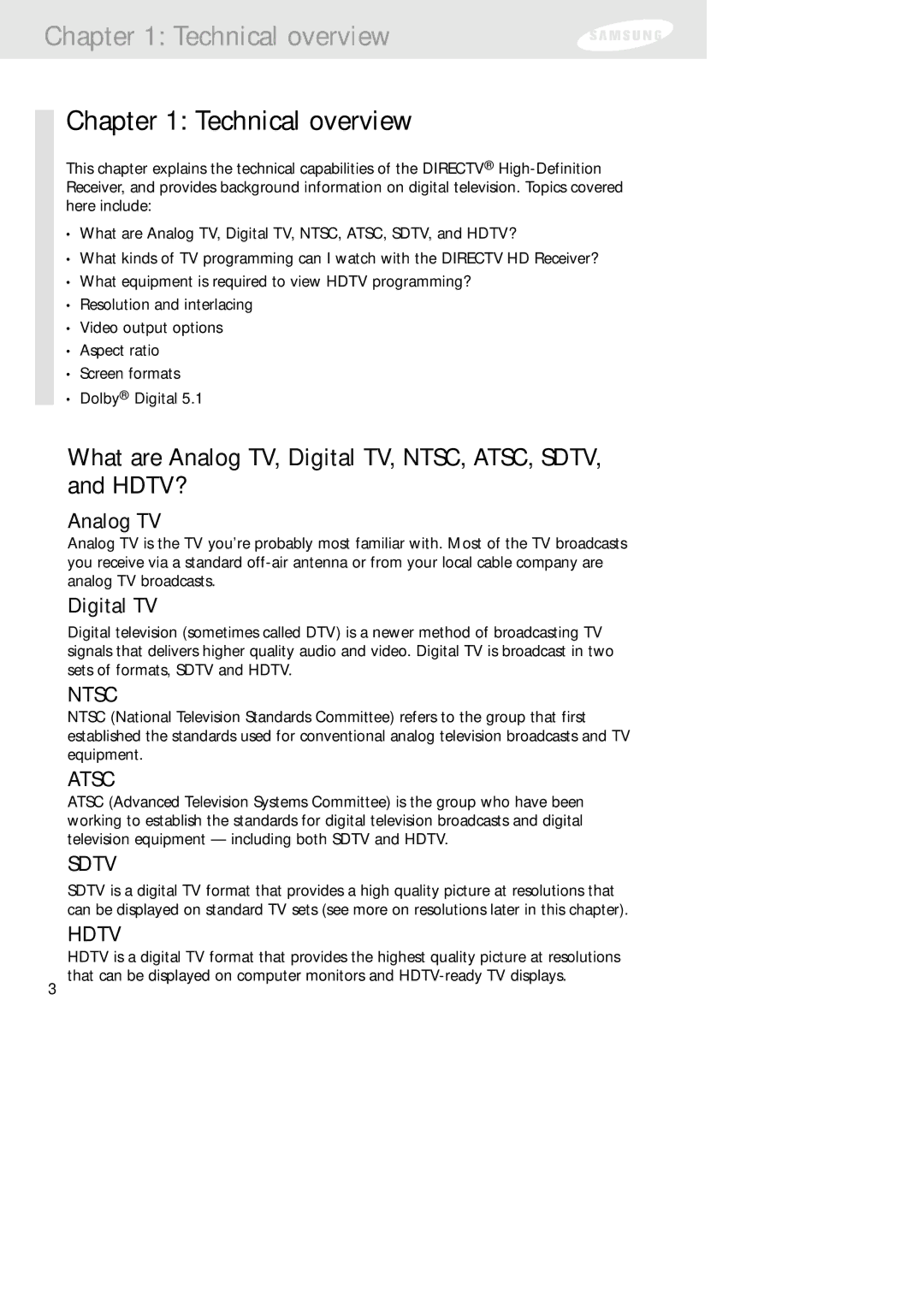 Samsung SIR-TS160 owner manual Technical overview, What are Analog TV, Digital TV, NTSC, ATSC, SDTV, and HDTV? 