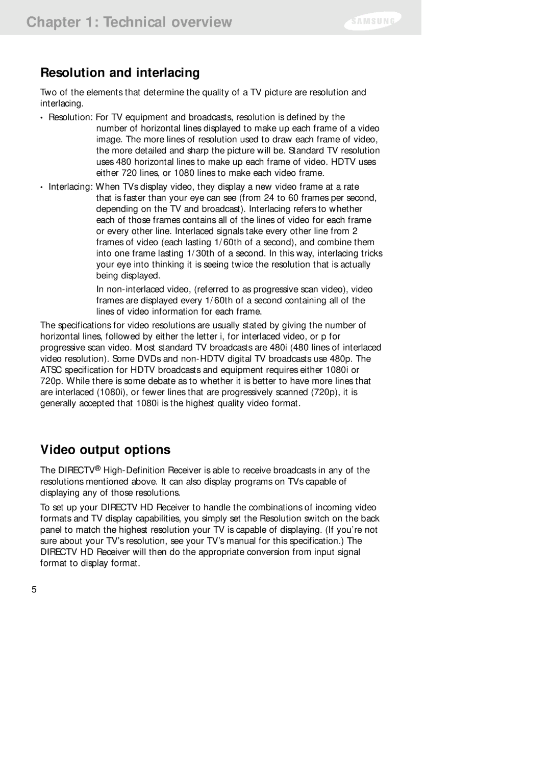 Samsung SIR-TS160 owner manual Resolution and interlacing, Video output options 