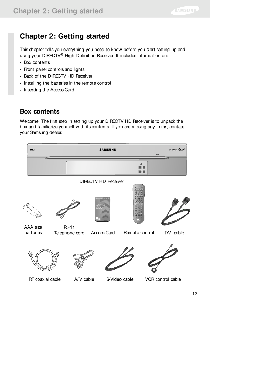 Samsung SIR-TS160 owner manual Getting started, Box contents 