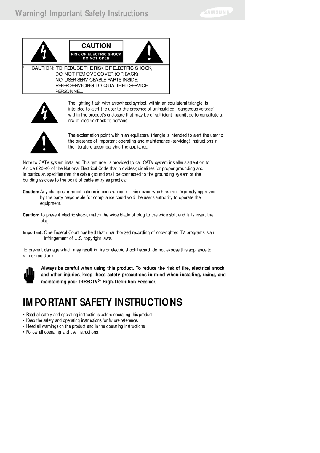 Samsung SIR-TS160 owner manual Important Safety Instructions 