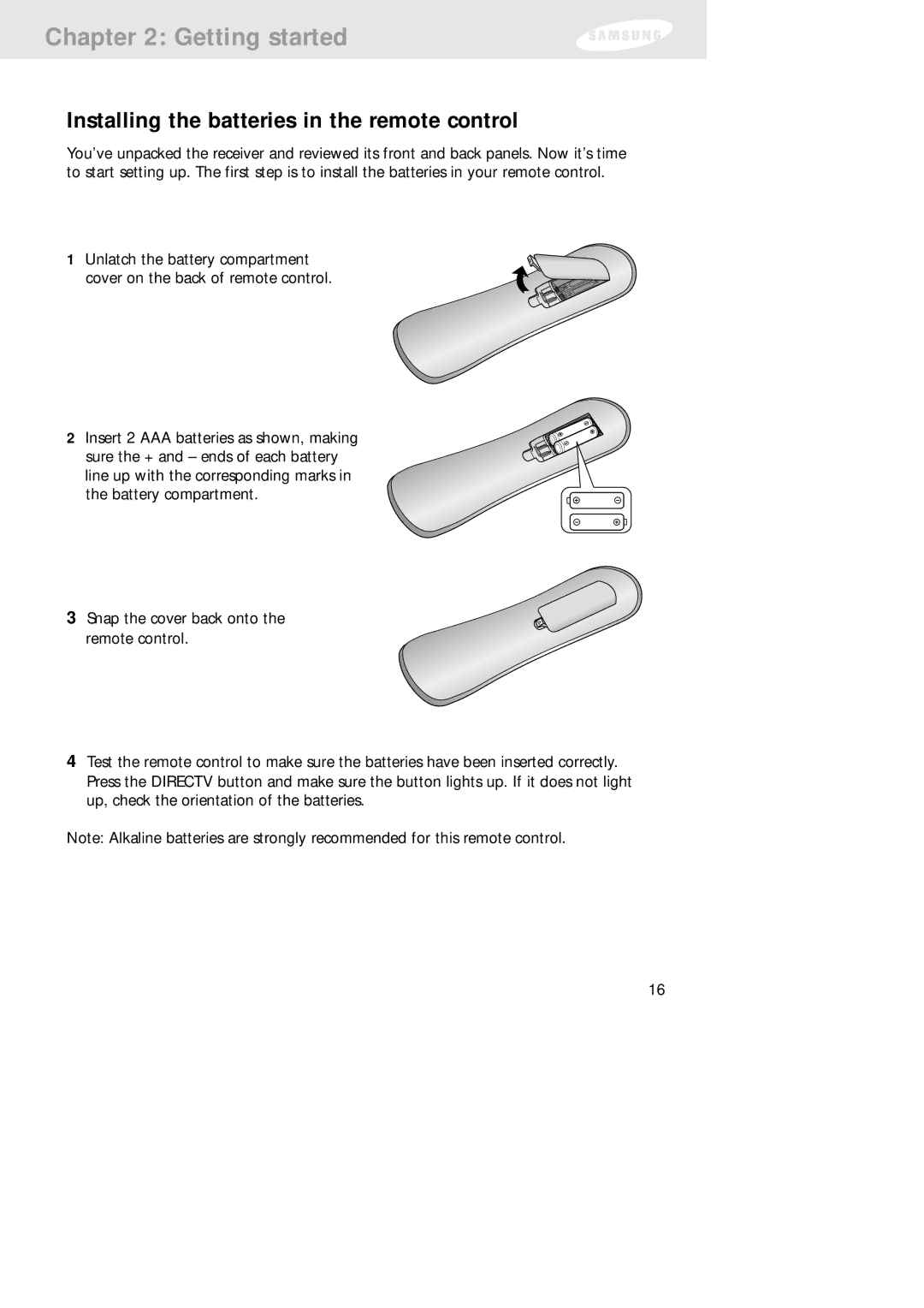 Samsung SIR-TS160 owner manual Installing the batteries in the remote control 