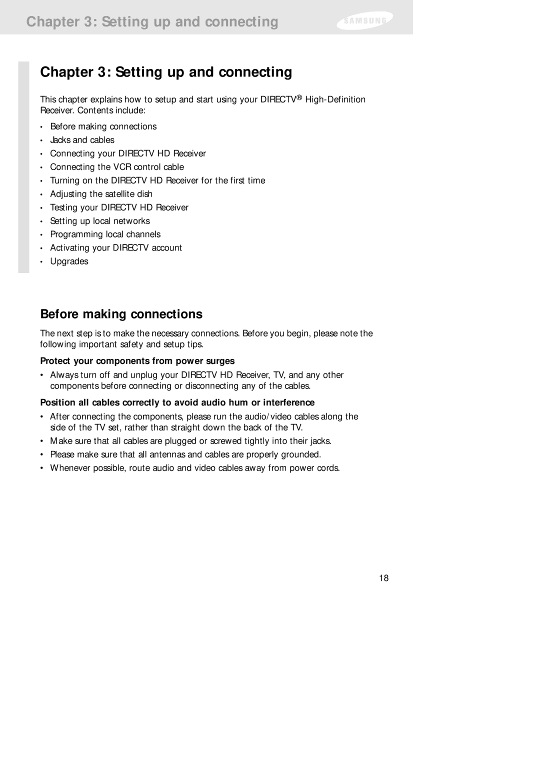 Samsung SIR-TS160 Setting up and connecting, Before making connections, Protect your components from power surges 