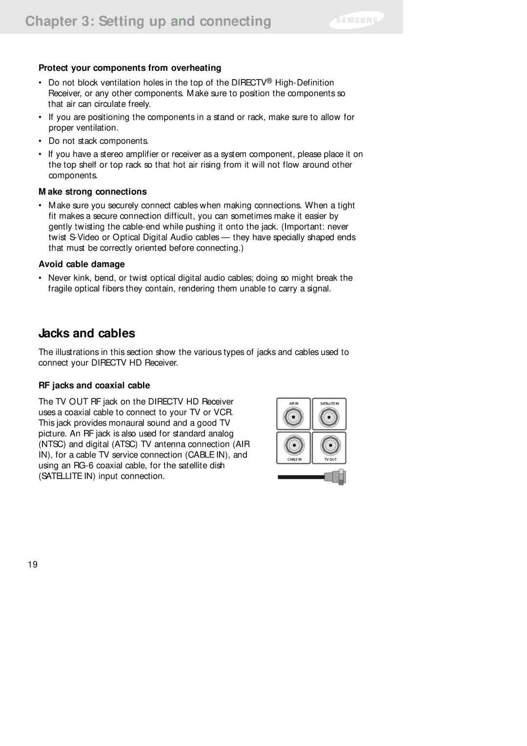 Samsung SIR-TS160 Jacks and cables, Protect your components from overheating, Make strong connections, Avoid cable damage 