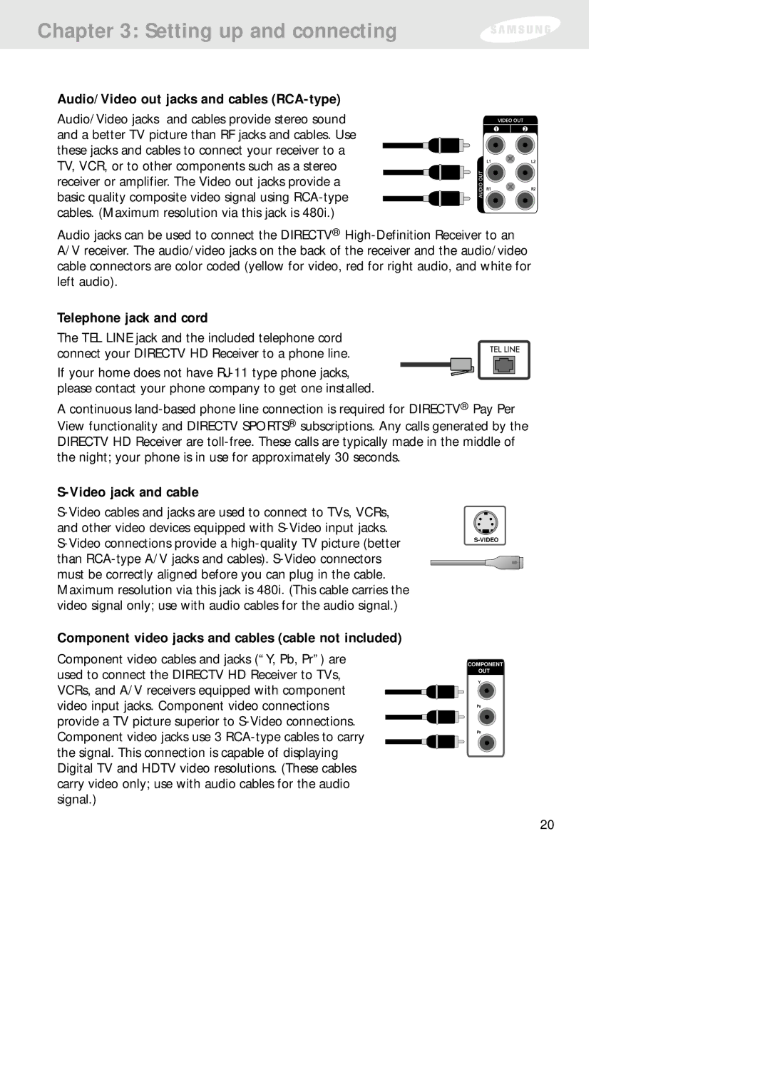 Samsung SIR-TS160 owner manual Audio/Video out jacks and cables RCA-type, Telephone jack and cord, Video jack and cable 