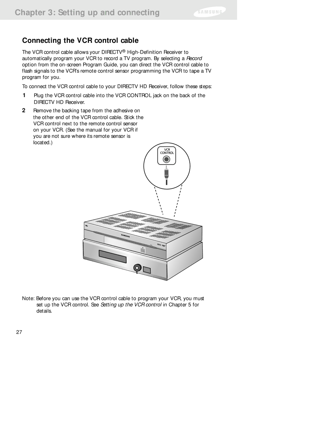 Samsung SIR-TS160 owner manual Connecting the VCR control cable 