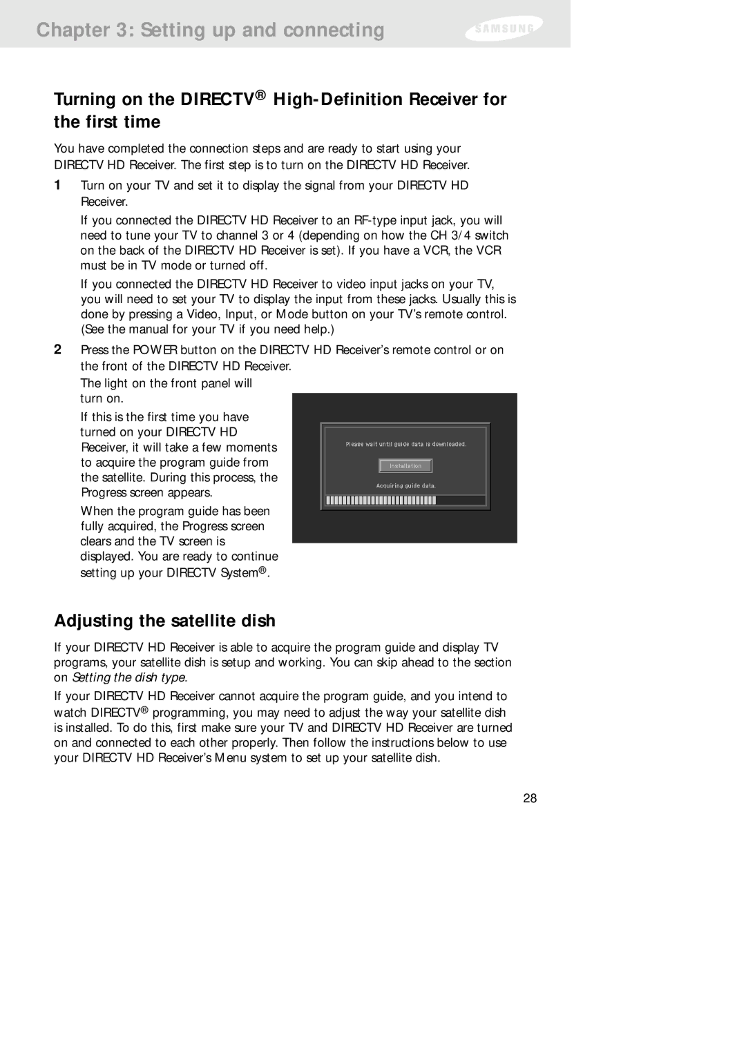 Samsung SIR-TS160 owner manual Adjusting the satellite dish 