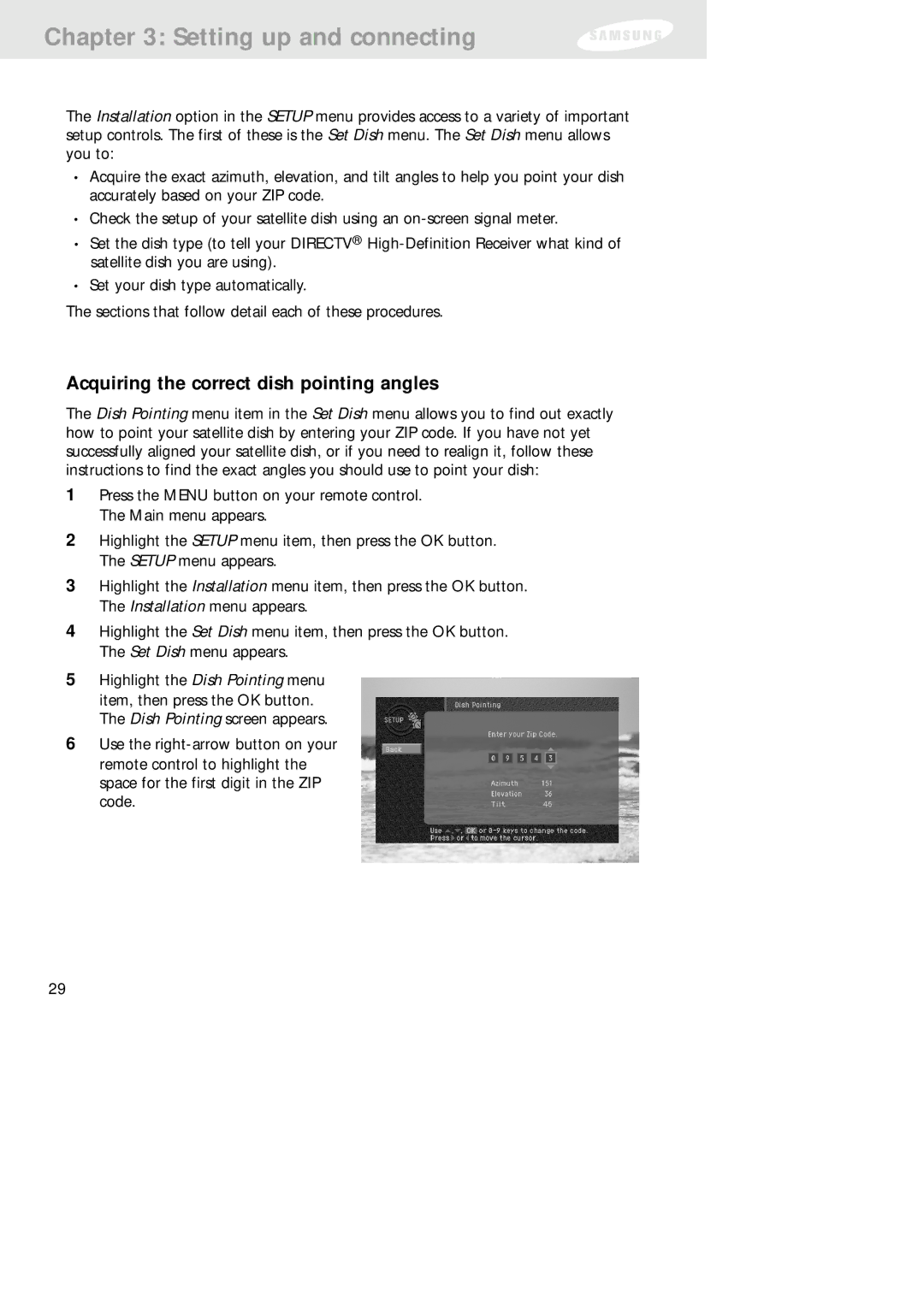 Samsung SIR-TS160 owner manual Acquiring the correct dish pointing angles 