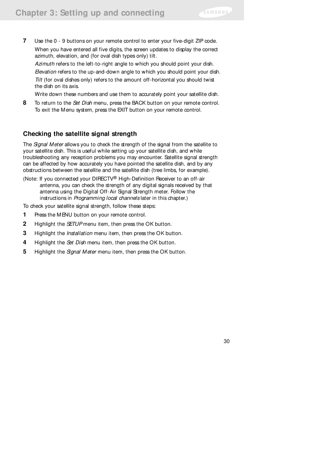 Samsung SIR-TS160 owner manual Checking the satellite signal strength 