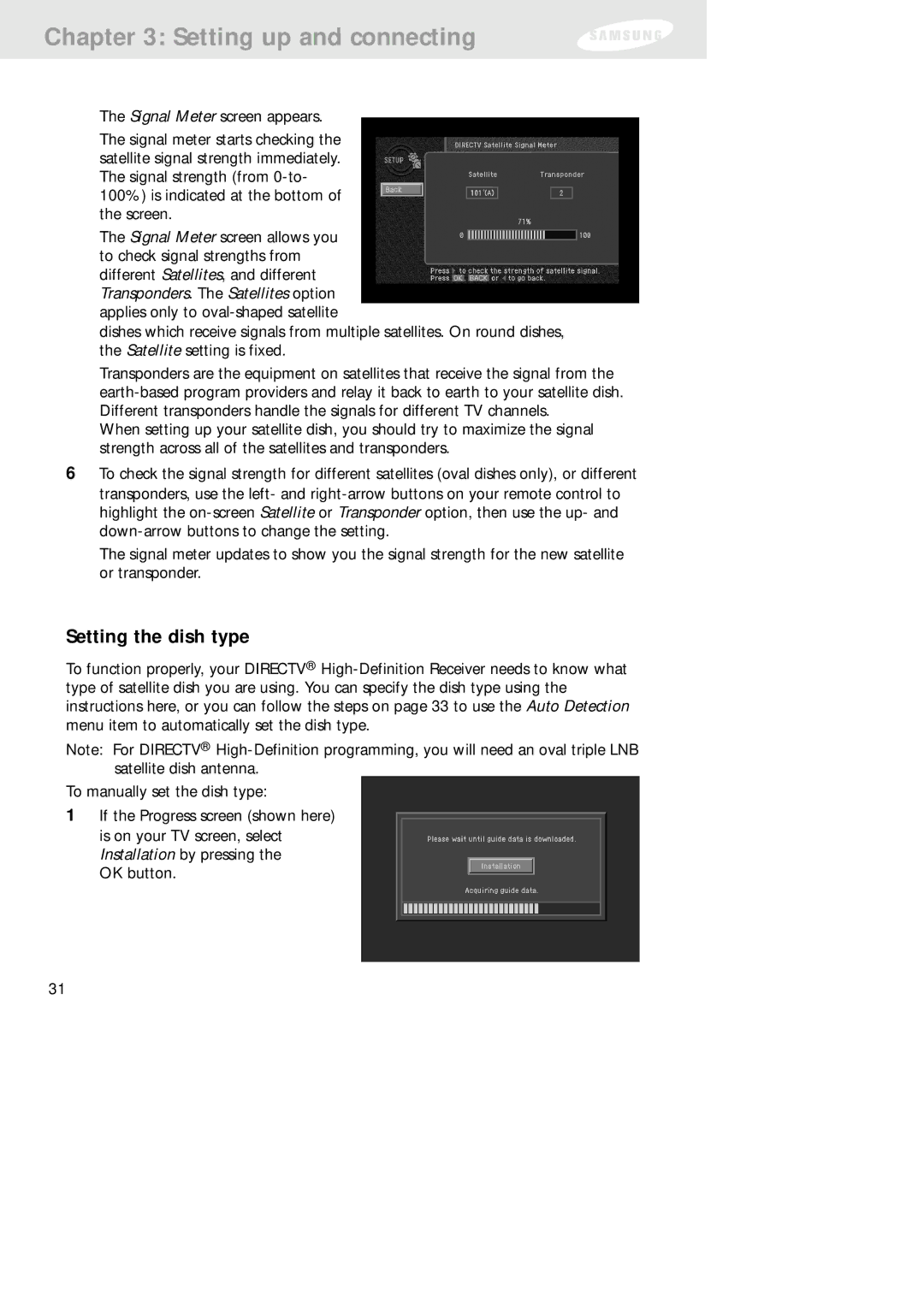 Samsung SIR-TS160 owner manual Setting the dish type 