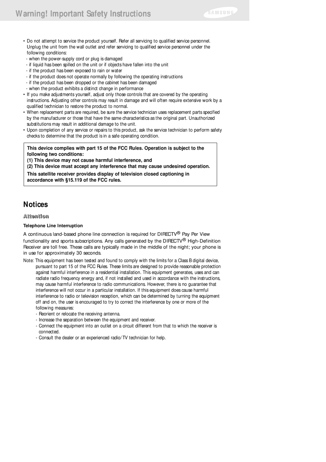 Samsung SIR-TS160 owner manual Telephone Line Interruption 