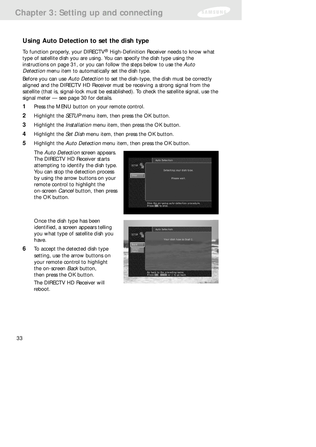 Samsung SIR-TS160 owner manual Using Auto Detection to set the dish type 