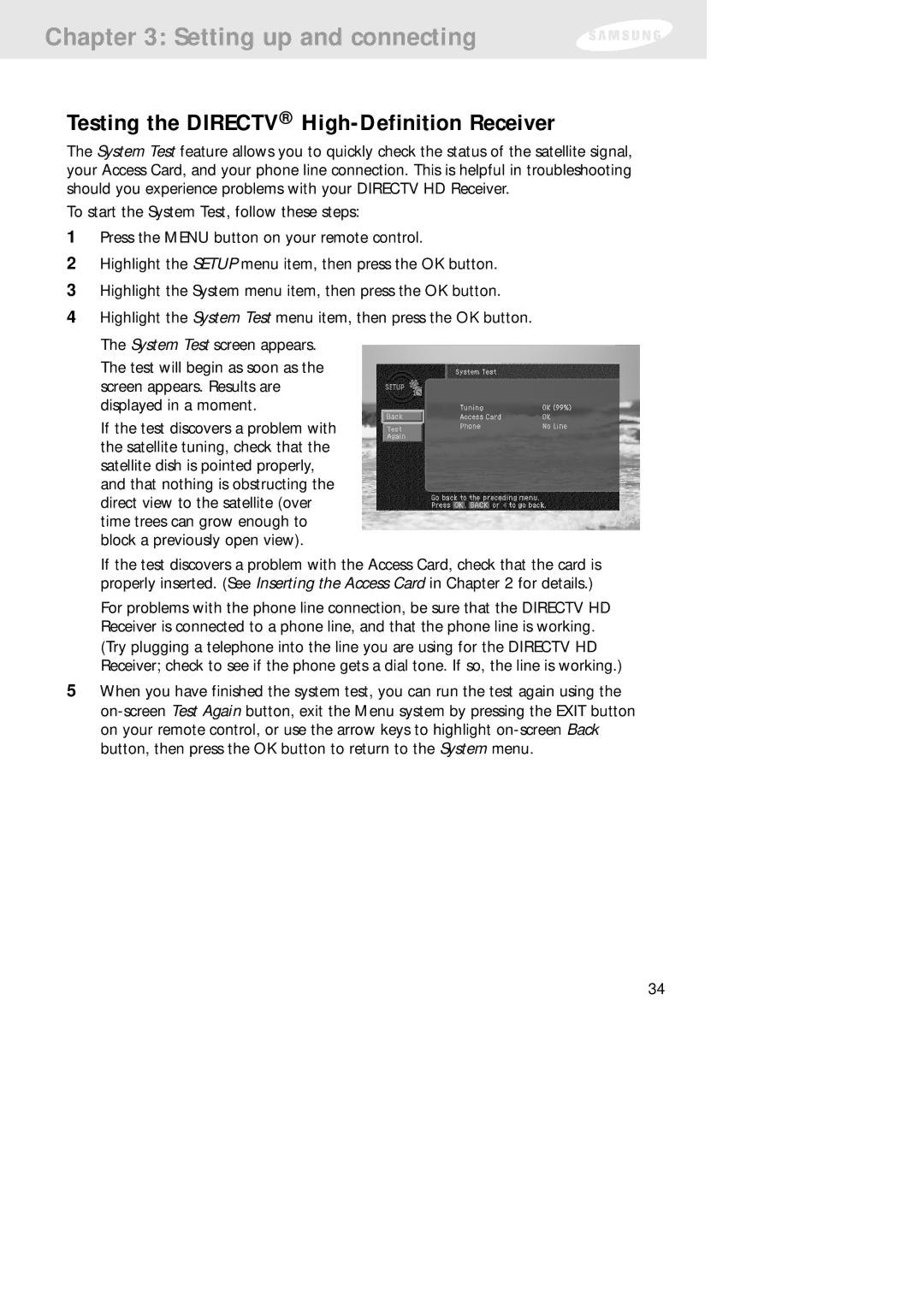 Samsung SIR-TS160 owner manual Testing the Directv High-Definition Receiver 