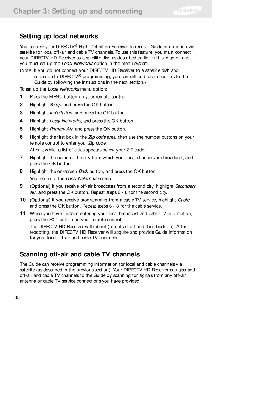 Samsung SIR-TS160 owner manual Setting up local networks, Scanning off-air and cable TV channels 