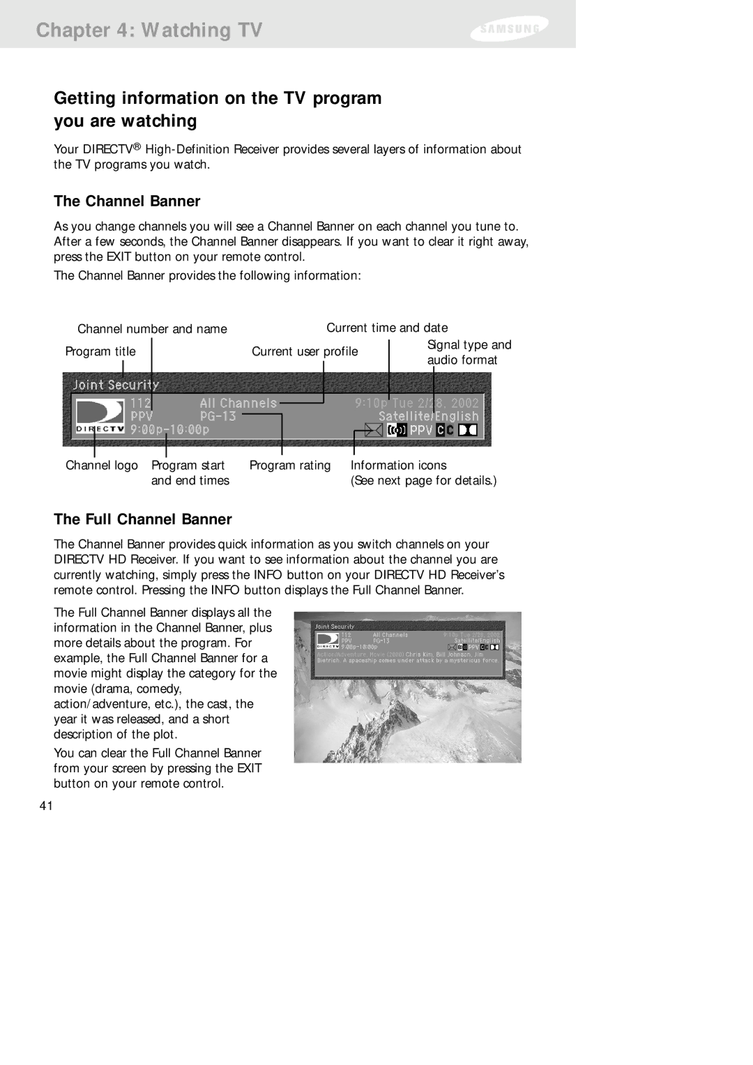 Samsung SIR-TS160 owner manual Getting information on the TV program you are watching, Full Channel Banner 