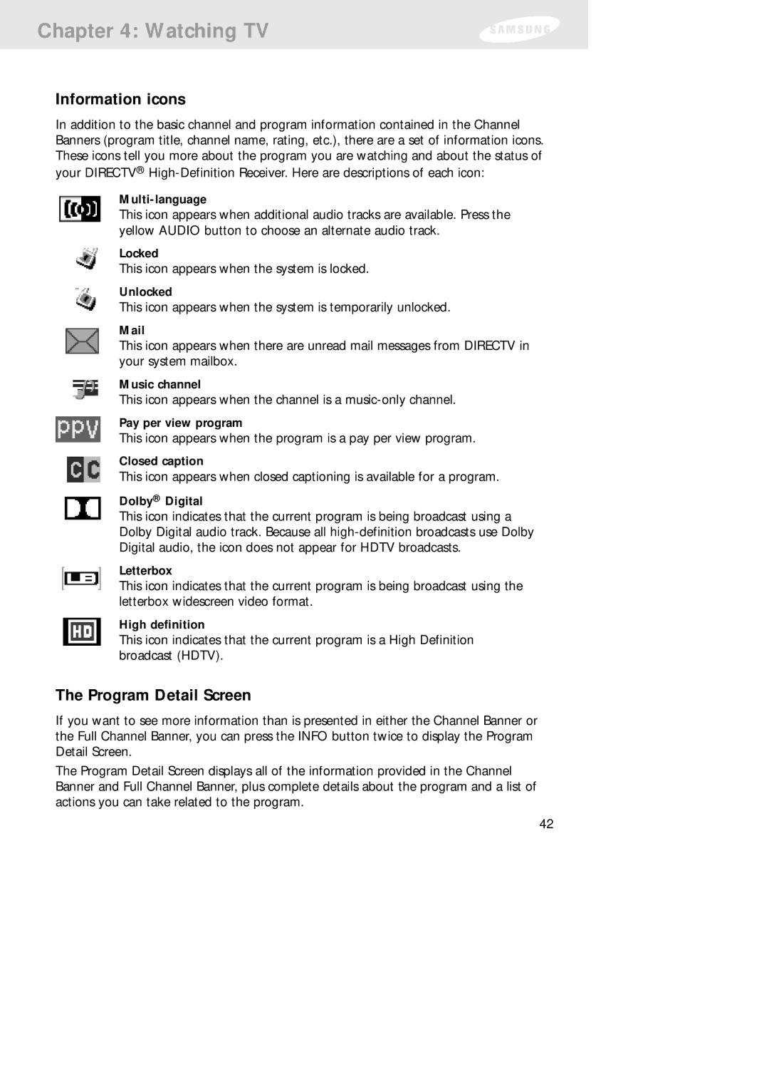 Samsung SIR-TS160 owner manual Information icons, Program Detail Screen 