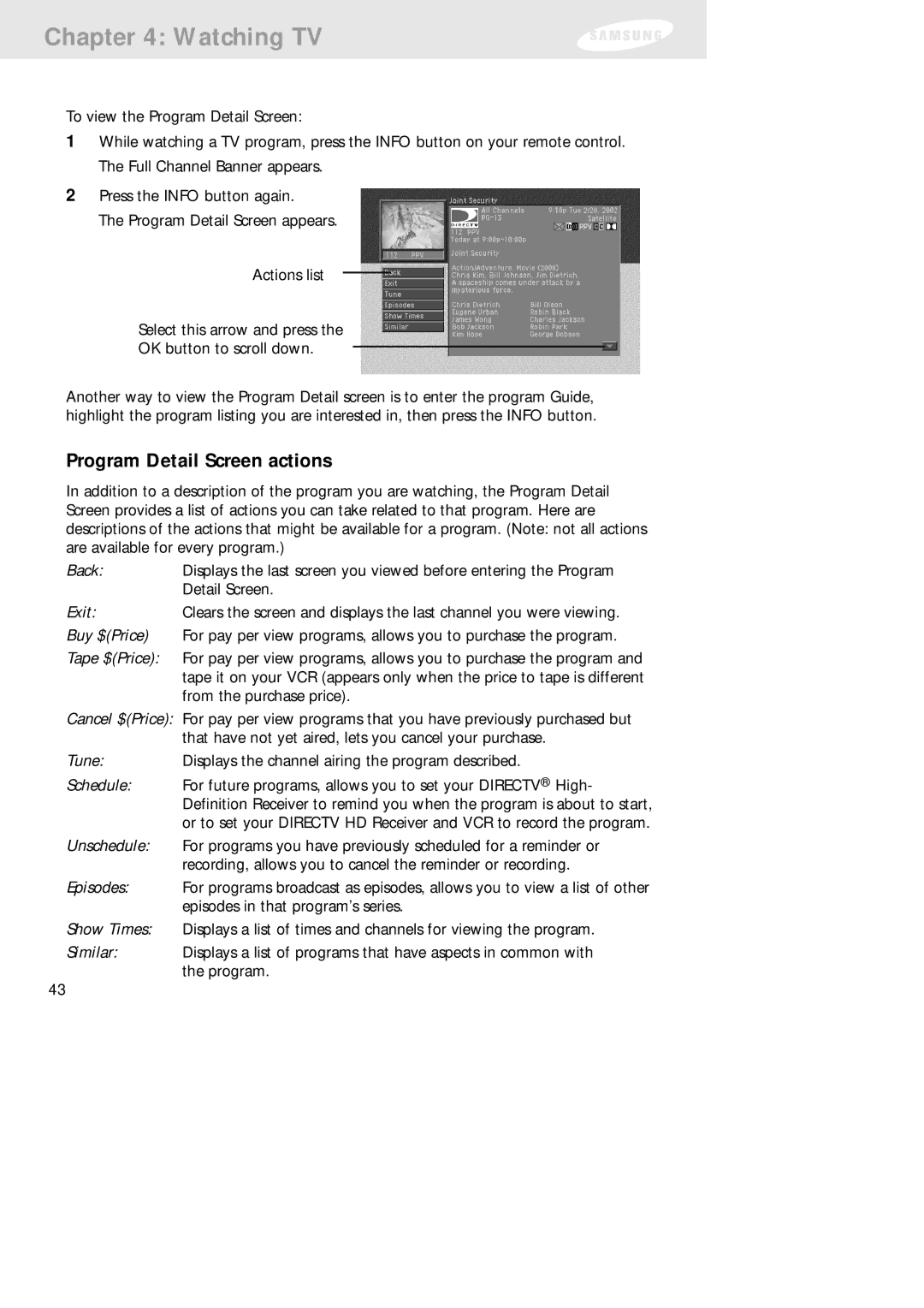 Samsung SIR-TS160 owner manual Program Detail Screen actions 