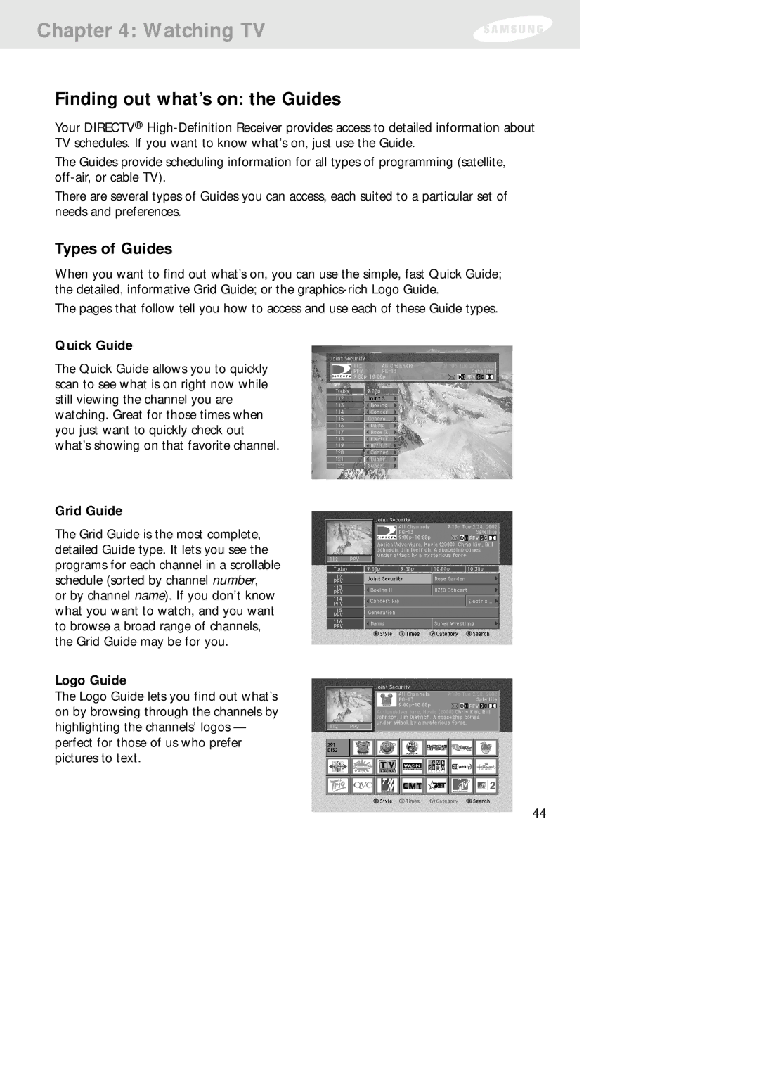 Samsung SIR-TS160 owner manual Finding out what’s on the Guides, Types of Guides, Quick Guide, Grid Guide, Logo Guide 