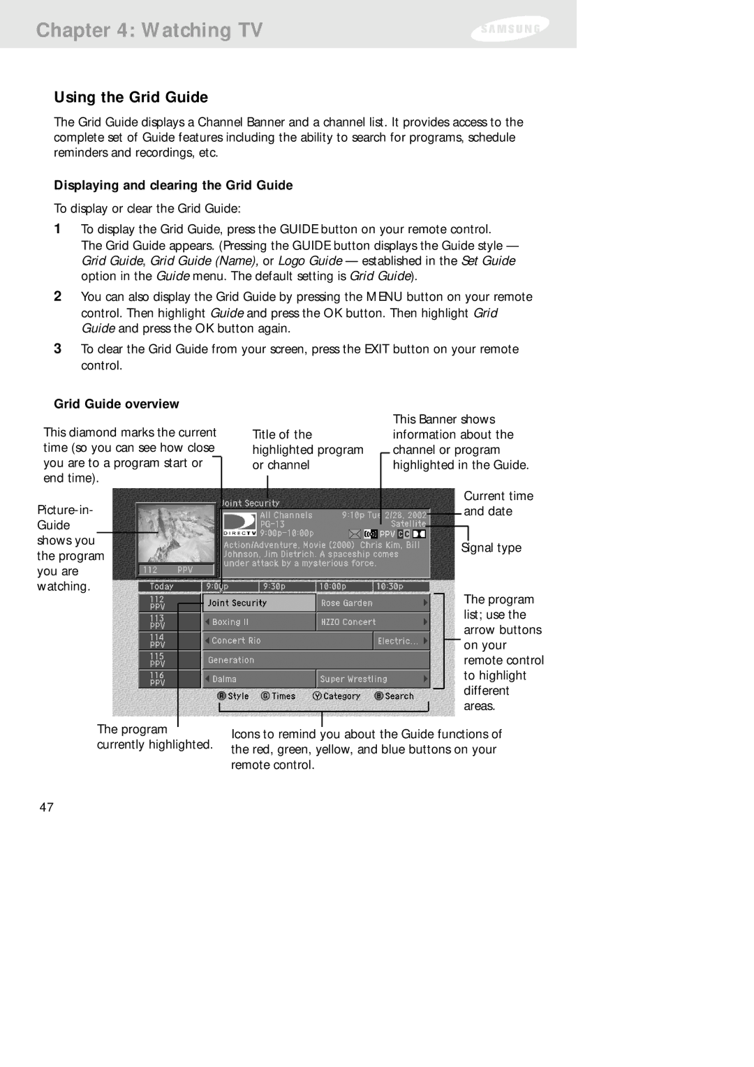 Samsung SIR-TS160 owner manual Using the Grid Guide, Displaying and clearing the Grid Guide, Grid Guide overview 