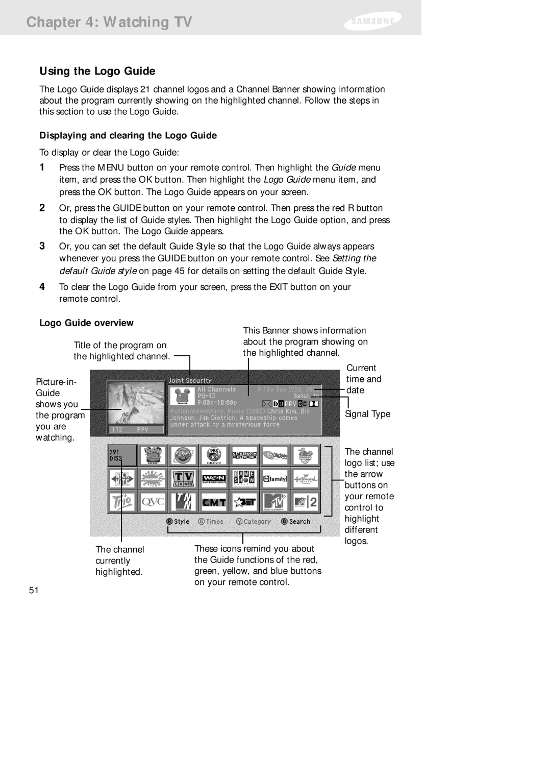 Samsung SIR-TS160 owner manual Using the Logo Guide, Displaying and clearing the Logo Guide, Logo Guide overview 