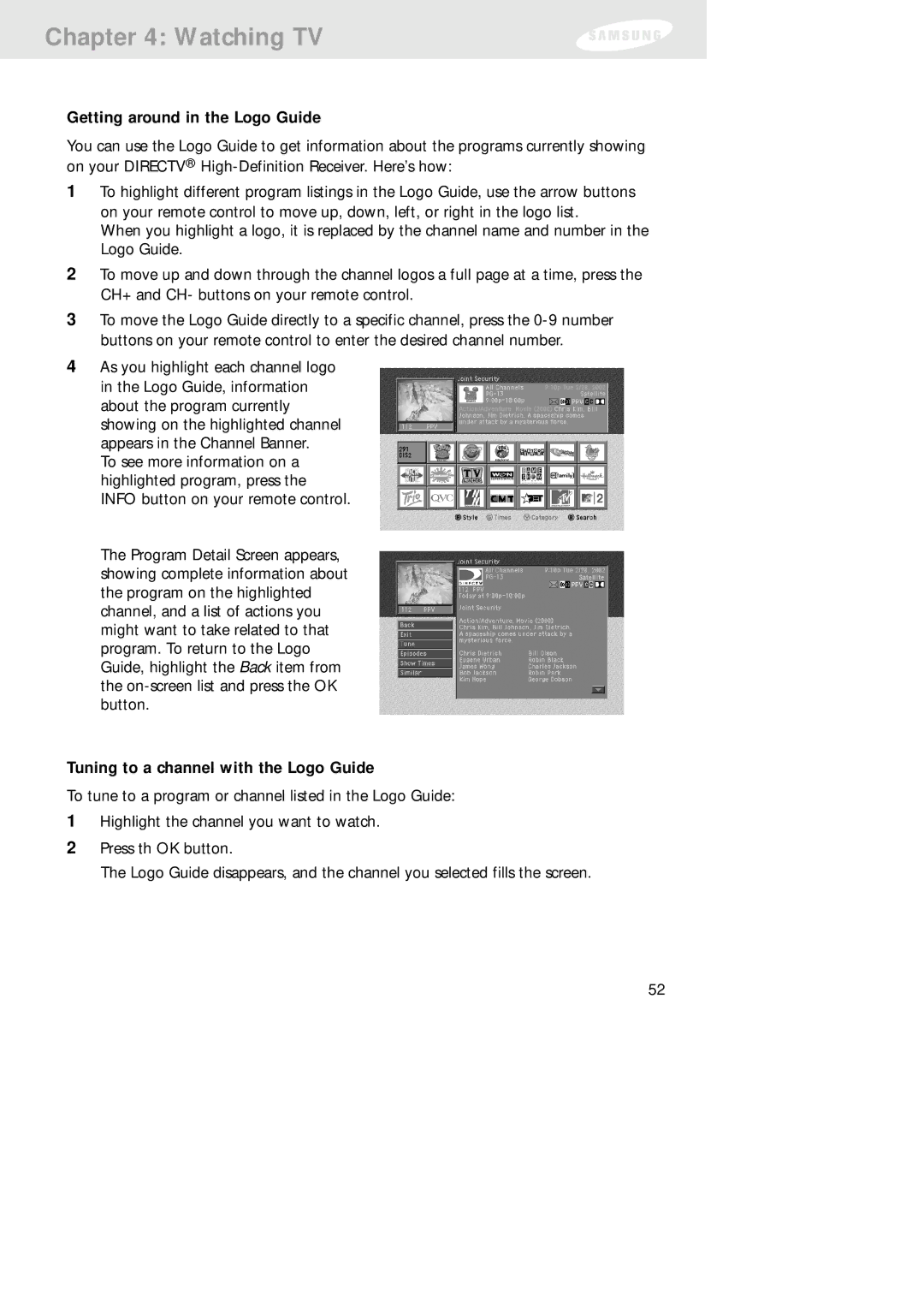 Samsung SIR-TS160 owner manual Getting around in the Logo Guide, Tuning to a channel with the Logo Guide 