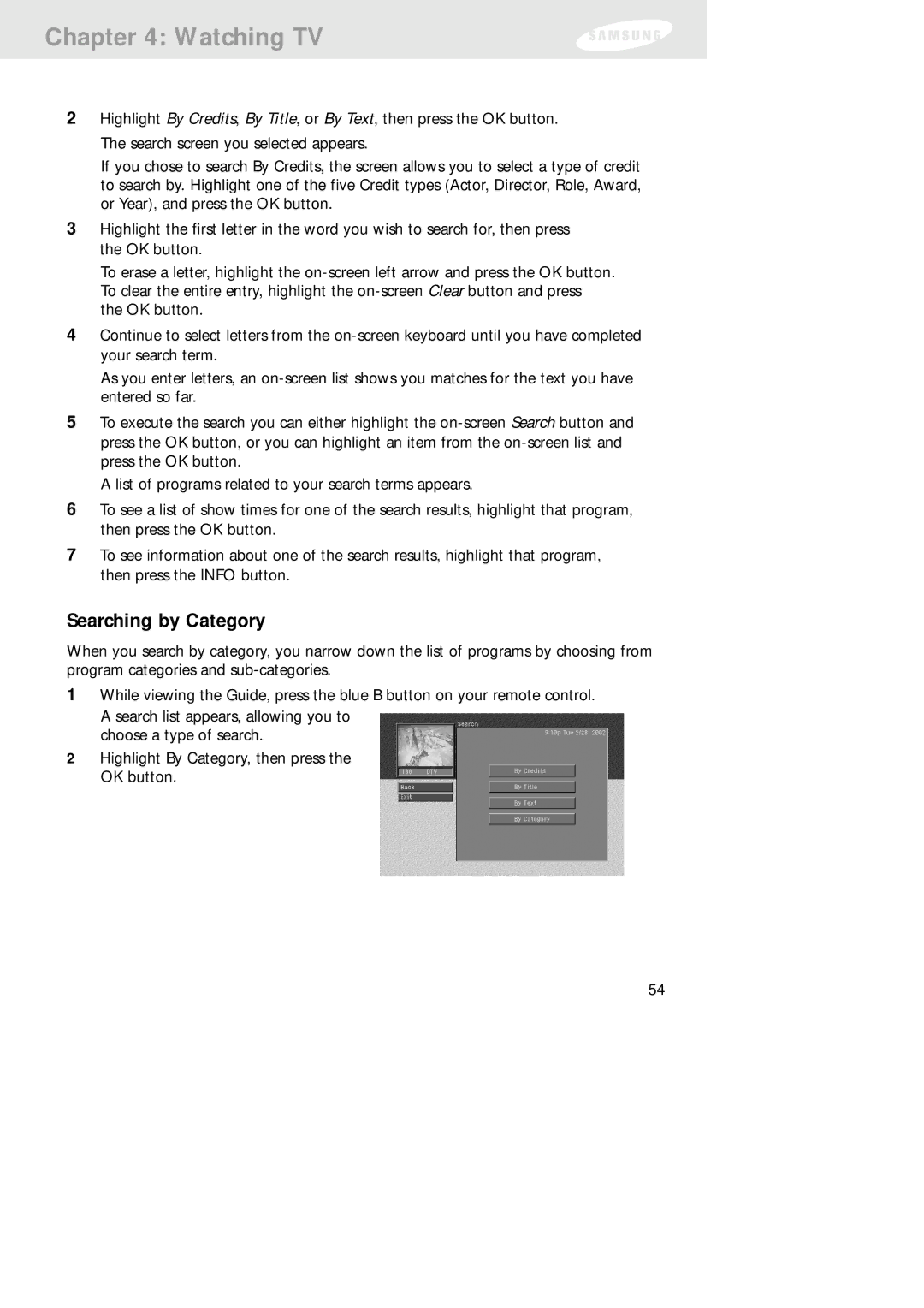 Samsung SIR-TS160 owner manual Searching by Category 