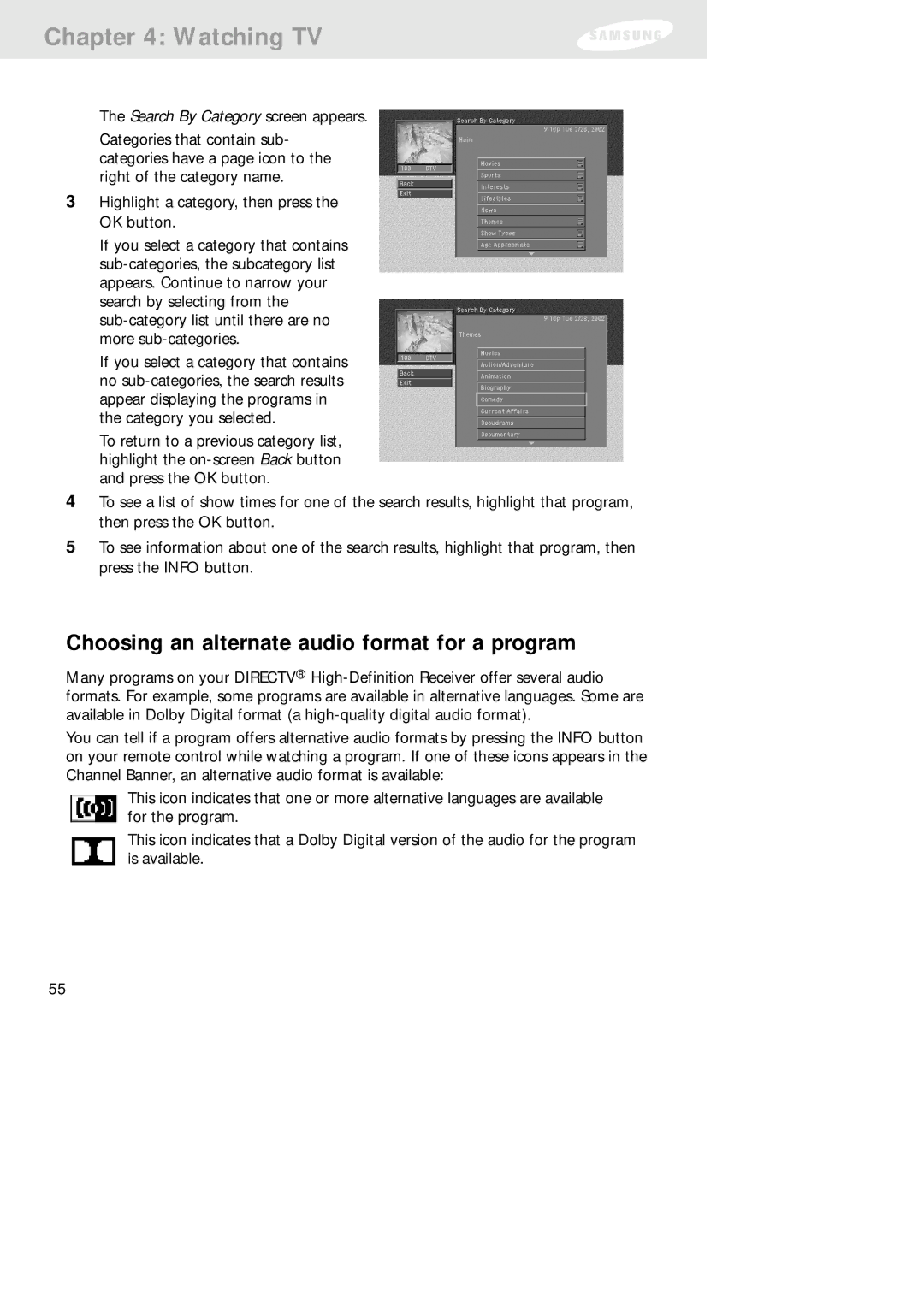 Samsung SIR-TS160 owner manual Choosing an alternate audio format for a program 