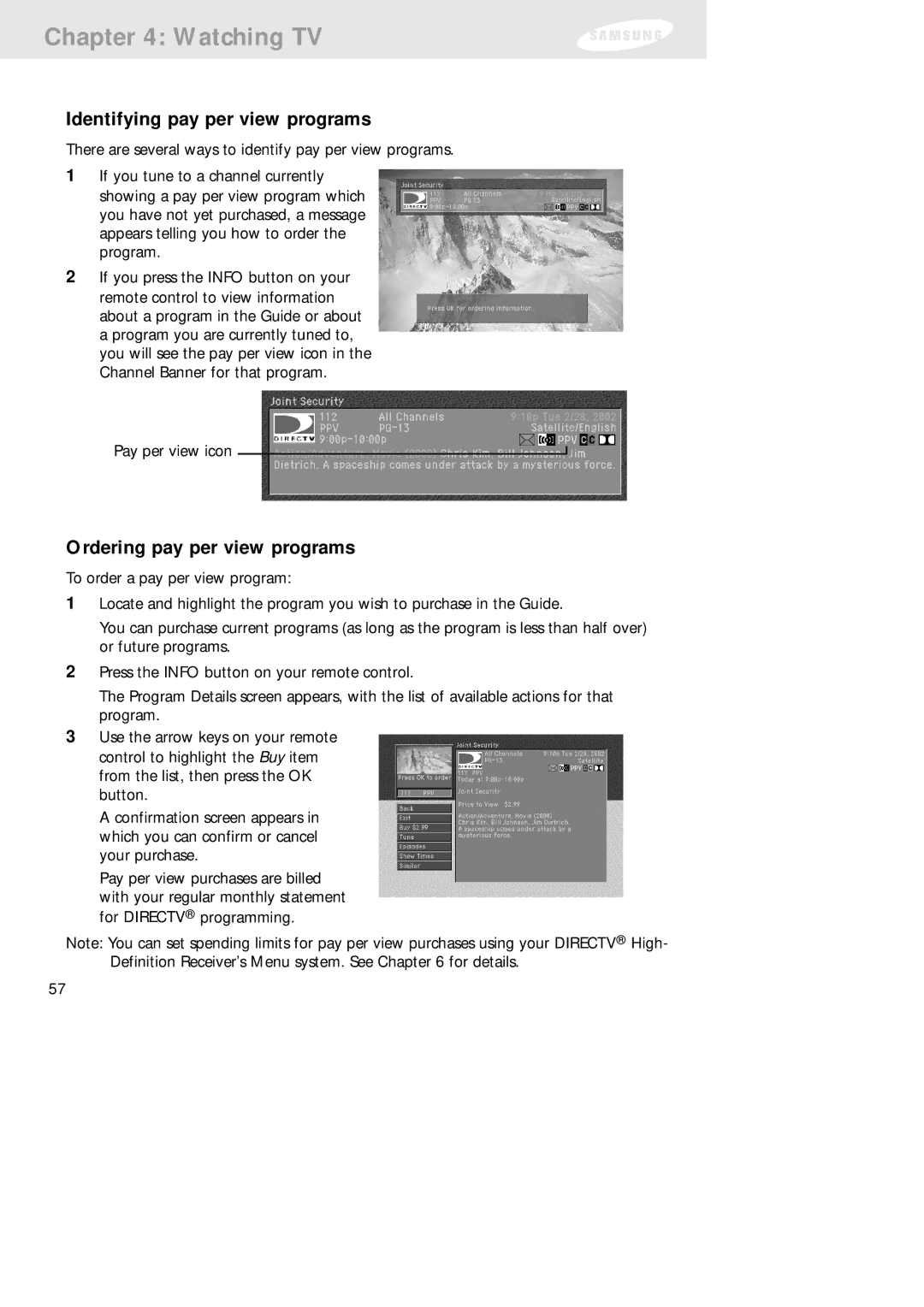 Samsung SIR-TS160 owner manual Identifying pay per view programs, Ordering pay per view programs 