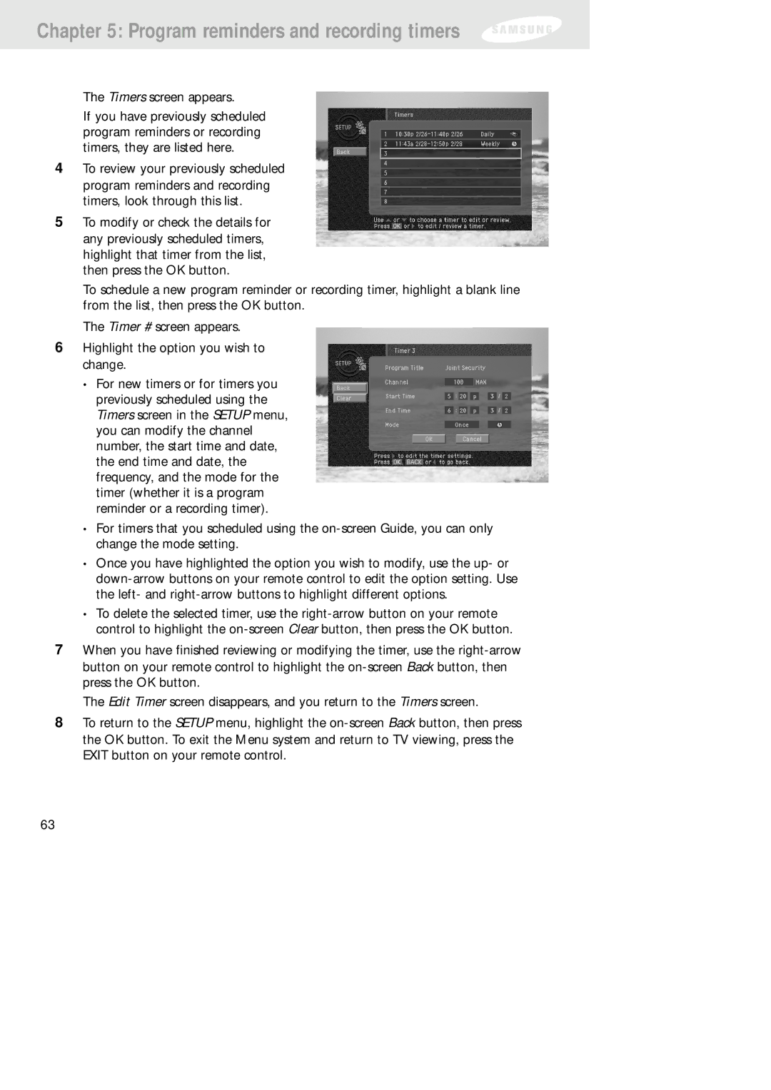 Samsung SIR-TS160 owner manual Program reminders and recording timers 